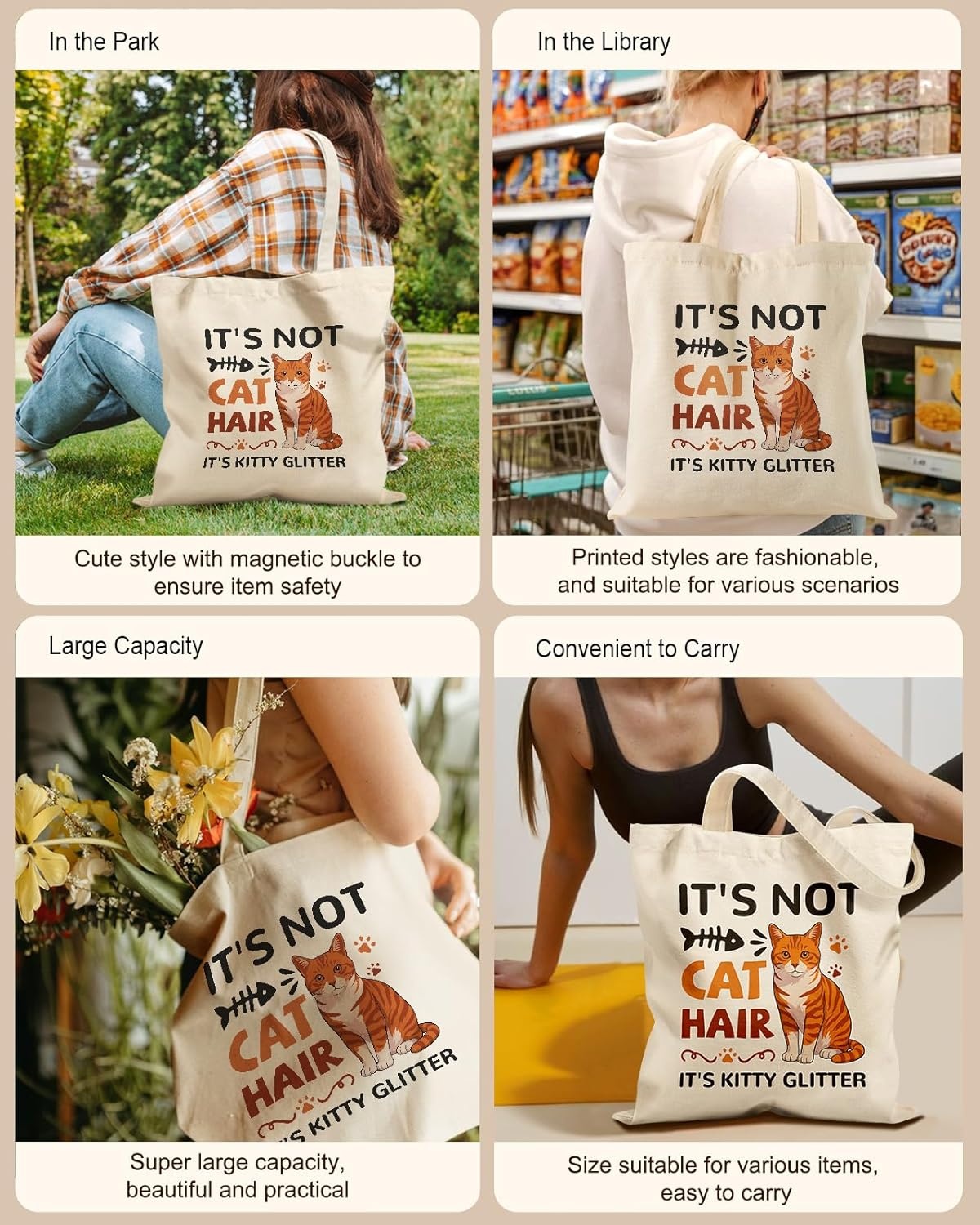 image:imageMiss Adola Cute Canvas Tote Bag for Women Girls Animal Lover Aesthetic Bags with Magnetic Buckle and Zipper Inner PocketOrange Tabby Cat