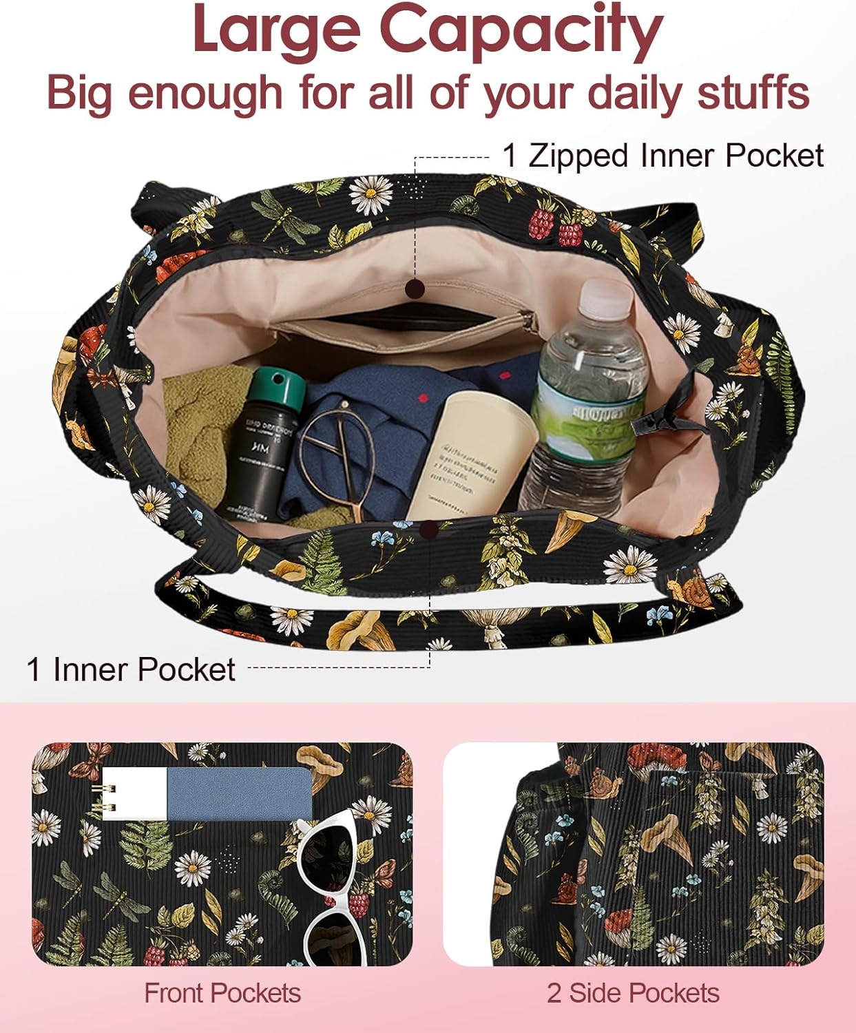 image:imageMiss Adola Cute Corduroy Tote Bag for Women  Large Capacity MultiPocket Shoulder Bag with ZipperBlack Mogu