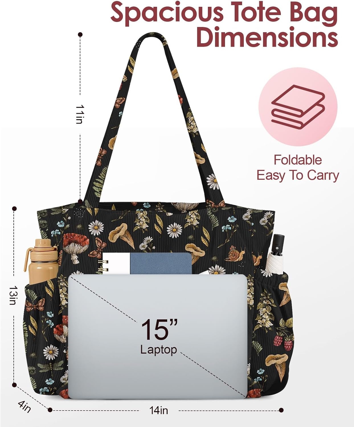 image:imageMiss Adola Cute Corduroy Tote Bag for Women  Large Capacity MultiPocket Shoulder Bag with ZipperBlack Mogu