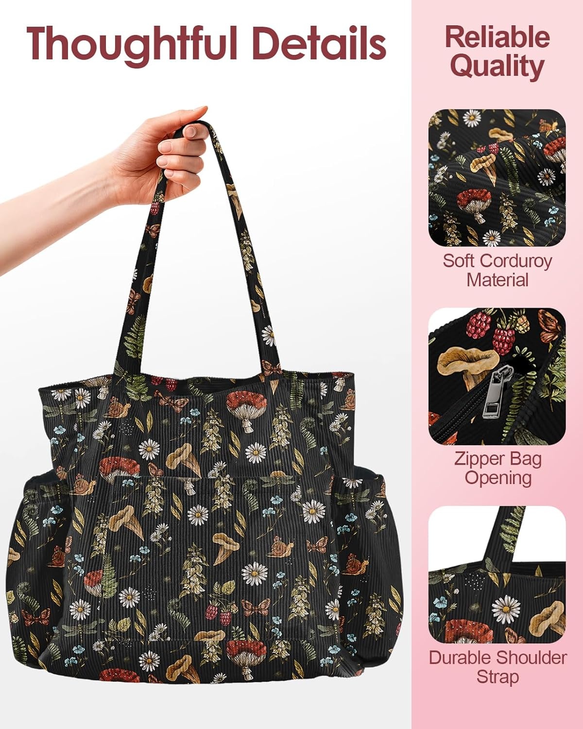 image:imageMiss Adola Cute Corduroy Tote Bag for Women  Large Capacity MultiPocket Shoulder Bag with ZipperBlack Mogu