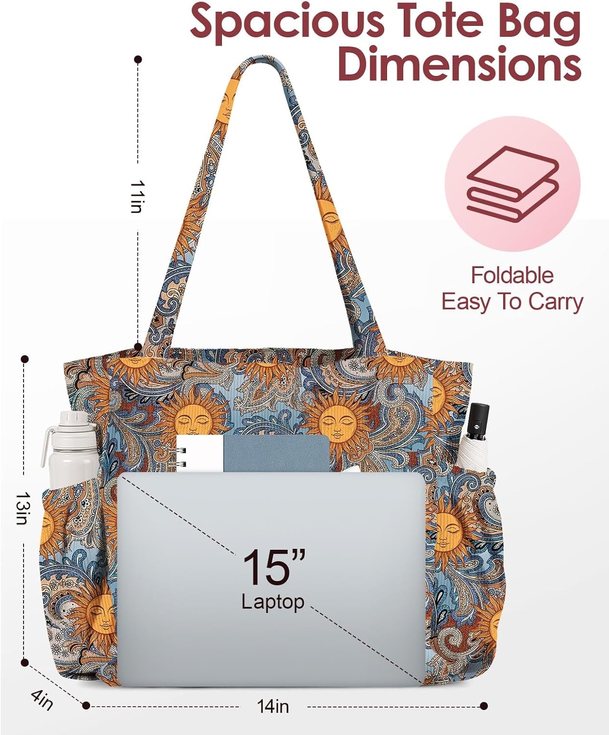 image:imageMiss Adola Cute Corduroy Tote Bag for Women Large Capacity MultiPocket Shoulder Bag with ZipperBoho Sun