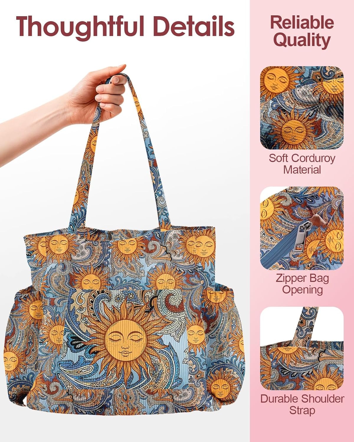 image:imageMiss Adola Cute Corduroy Tote Bag for Women Large Capacity MultiPocket Shoulder Bag with ZipperBoho Sun