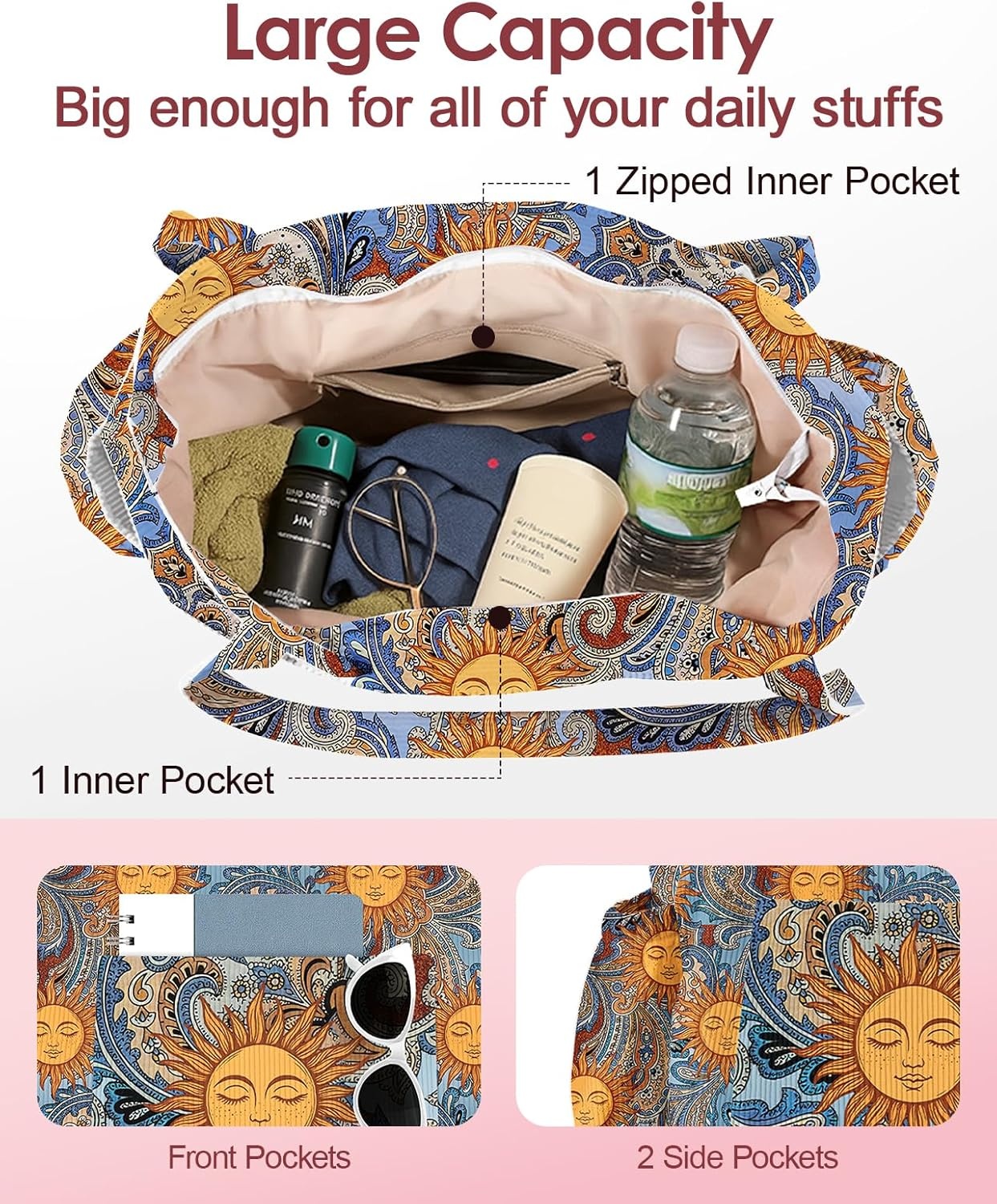 image:imageMiss Adola Cute Corduroy Tote Bag for Women Large Capacity MultiPocket Shoulder Bag with ZipperBoho Sun