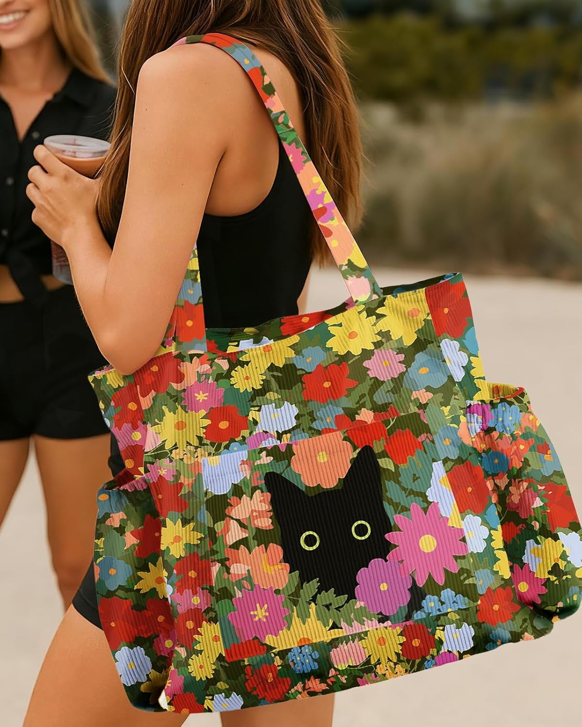 image:imageMiss Adola Cute Corduroy Tote Bag for Women Large Capacity MultiPocket Shoulder Bag with ZipperCat Flowers