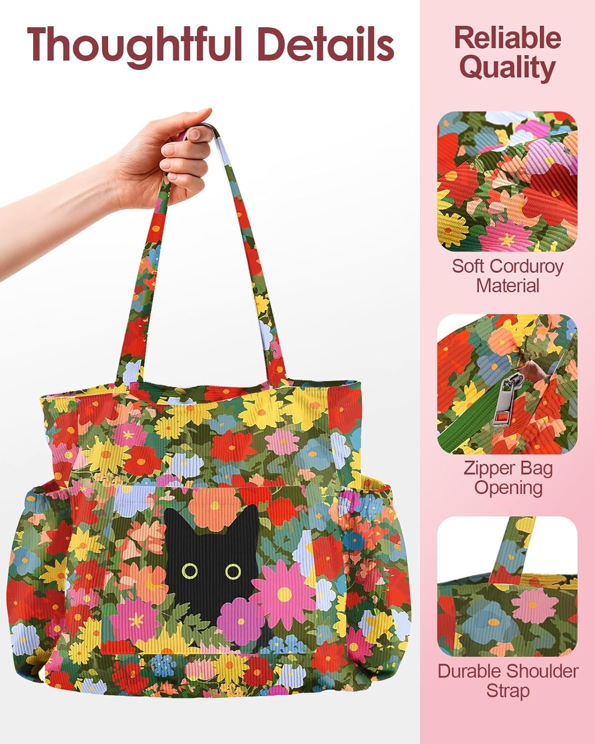 image:imageMiss Adola Cute Corduroy Tote Bag for Women Large Capacity MultiPocket Shoulder Bag with ZipperCat Flowers
