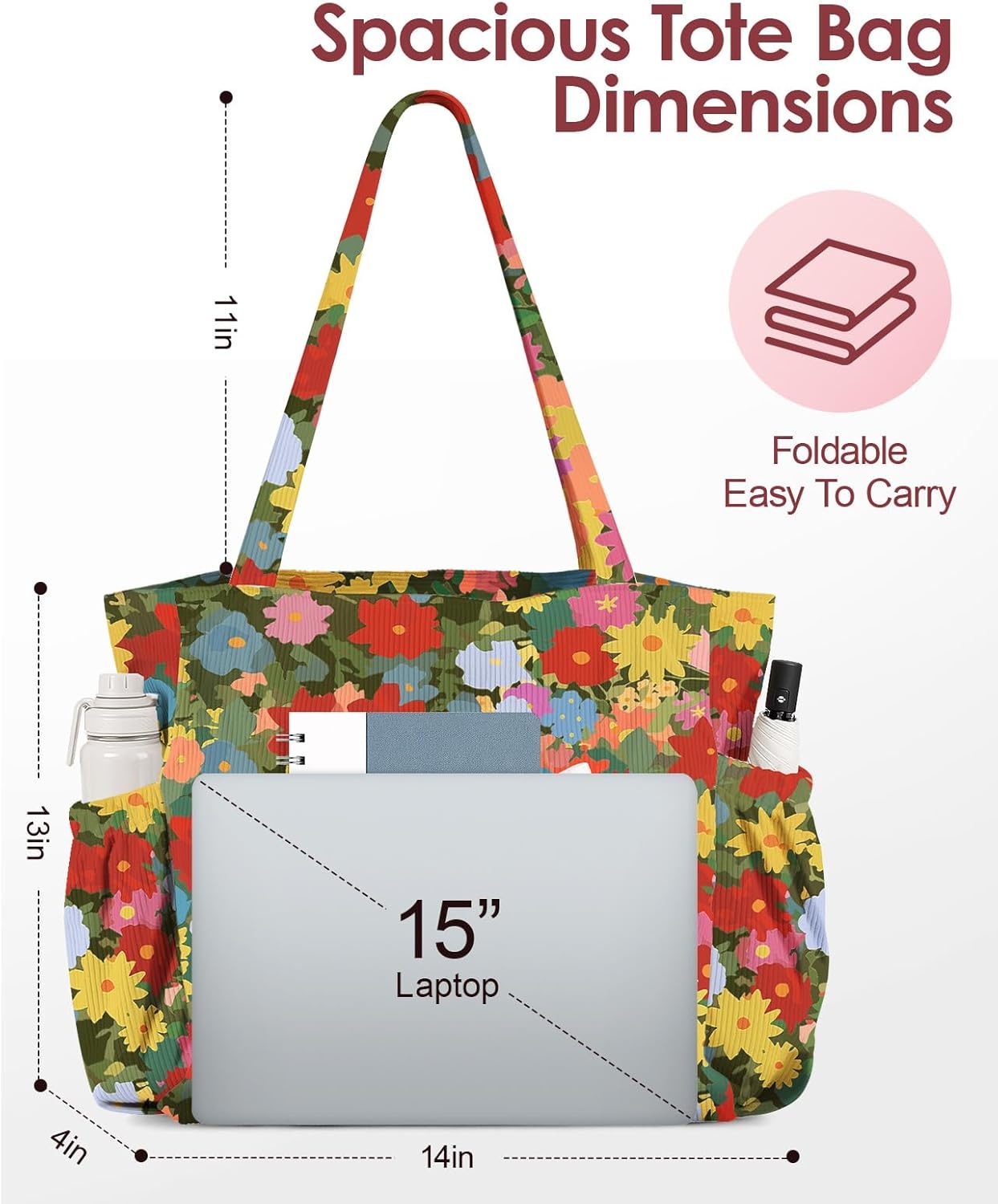 image:imageMiss Adola Cute Corduroy Tote Bag for Women Large Capacity MultiPocket Shoulder Bag with ZipperCat Flowers