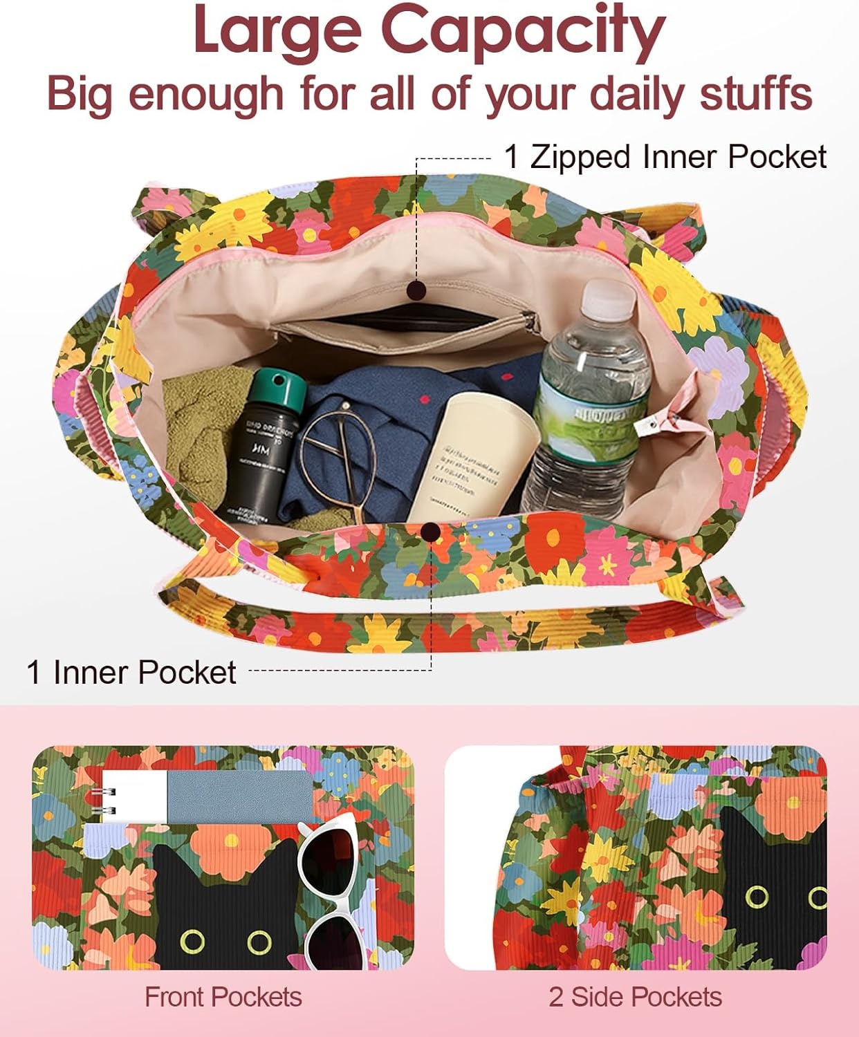 image:imageMiss Adola Cute Corduroy Tote Bag for Women Large Capacity MultiPocket Shoulder Bag with ZipperCat Flowers
