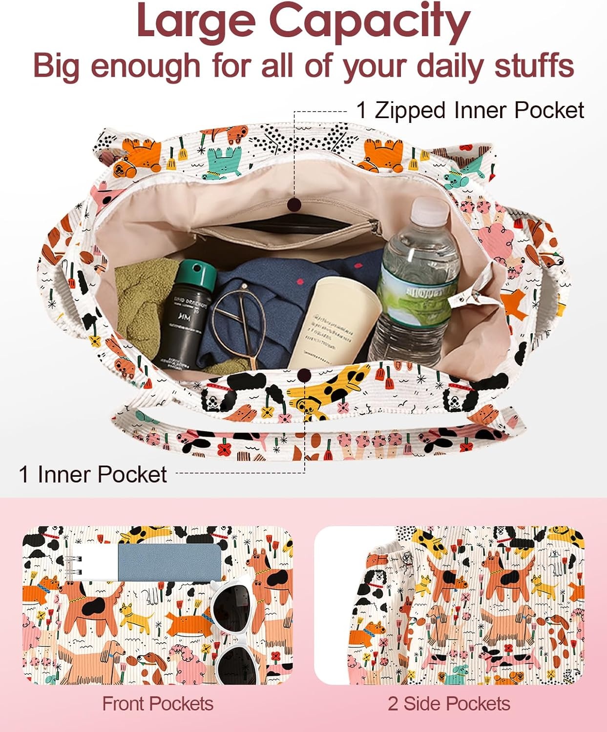 image:imageMiss Adola Cute Corduroy Tote Bag for Women Large Capacity MultiPocket Shoulder Bag with ZipperCrayon Dog