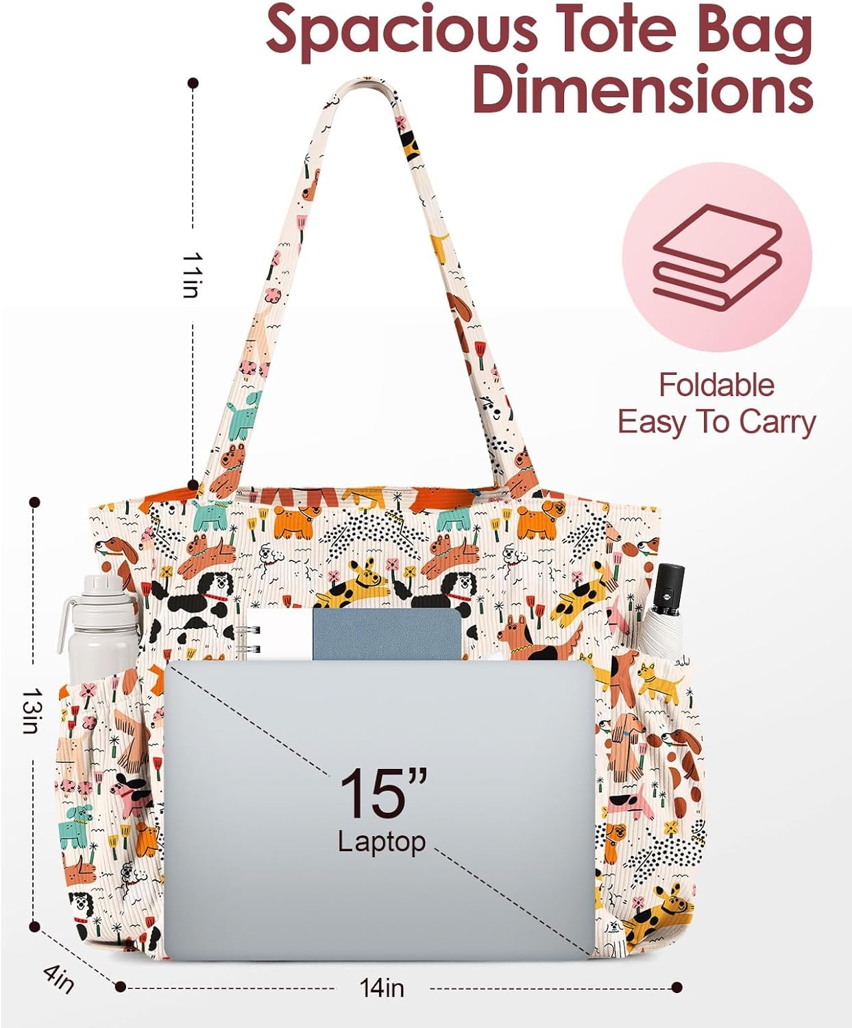 image:imageMiss Adola Cute Corduroy Tote Bag for Women Large Capacity MultiPocket Shoulder Bag with ZipperCrayon Dog