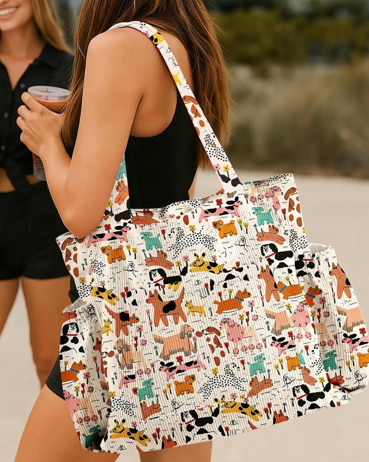 image:imageMiss Adola Cute Corduroy Tote Bag for Women Large Capacity MultiPocket Shoulder Bag with ZipperCrayon Dog