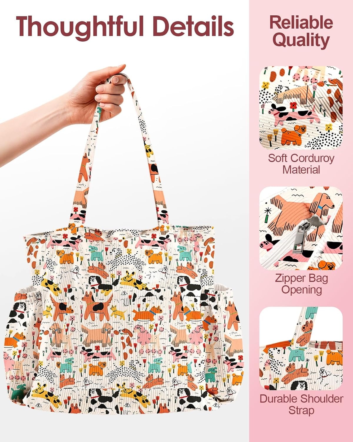 image:imageMiss Adola Cute Corduroy Tote Bag for Women Large Capacity MultiPocket Shoulder Bag with ZipperCrayon Dog