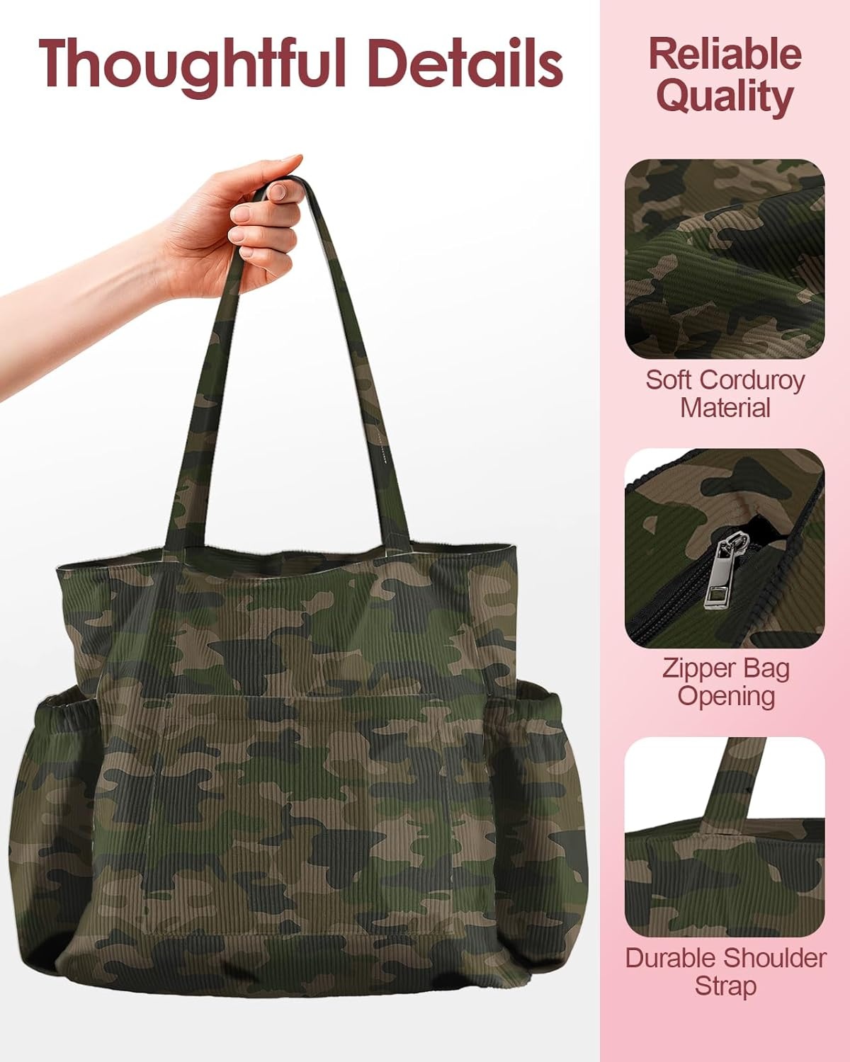 image:imageMiss Adola Cute Corduroy Tote Bag for Women Large Capacity MultiPocket Shoulder Bag with ZipperGreen Camo