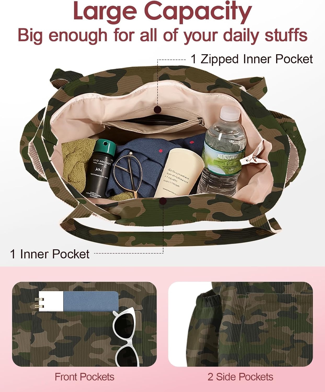 image:imageMiss Adola Cute Corduroy Tote Bag for Women Large Capacity MultiPocket Shoulder Bag with ZipperGreen Camo