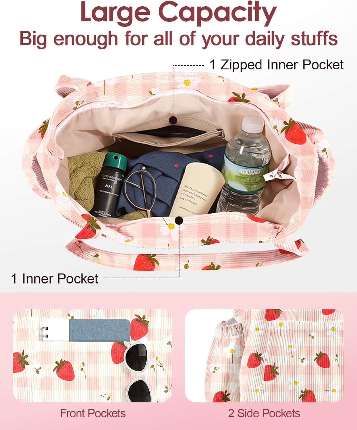 image:imageMiss Adola Cute Corduroy Tote Bag for Women Large Capacity MultiPocket Shoulder Bag with ZipperPlaid Strawberry
