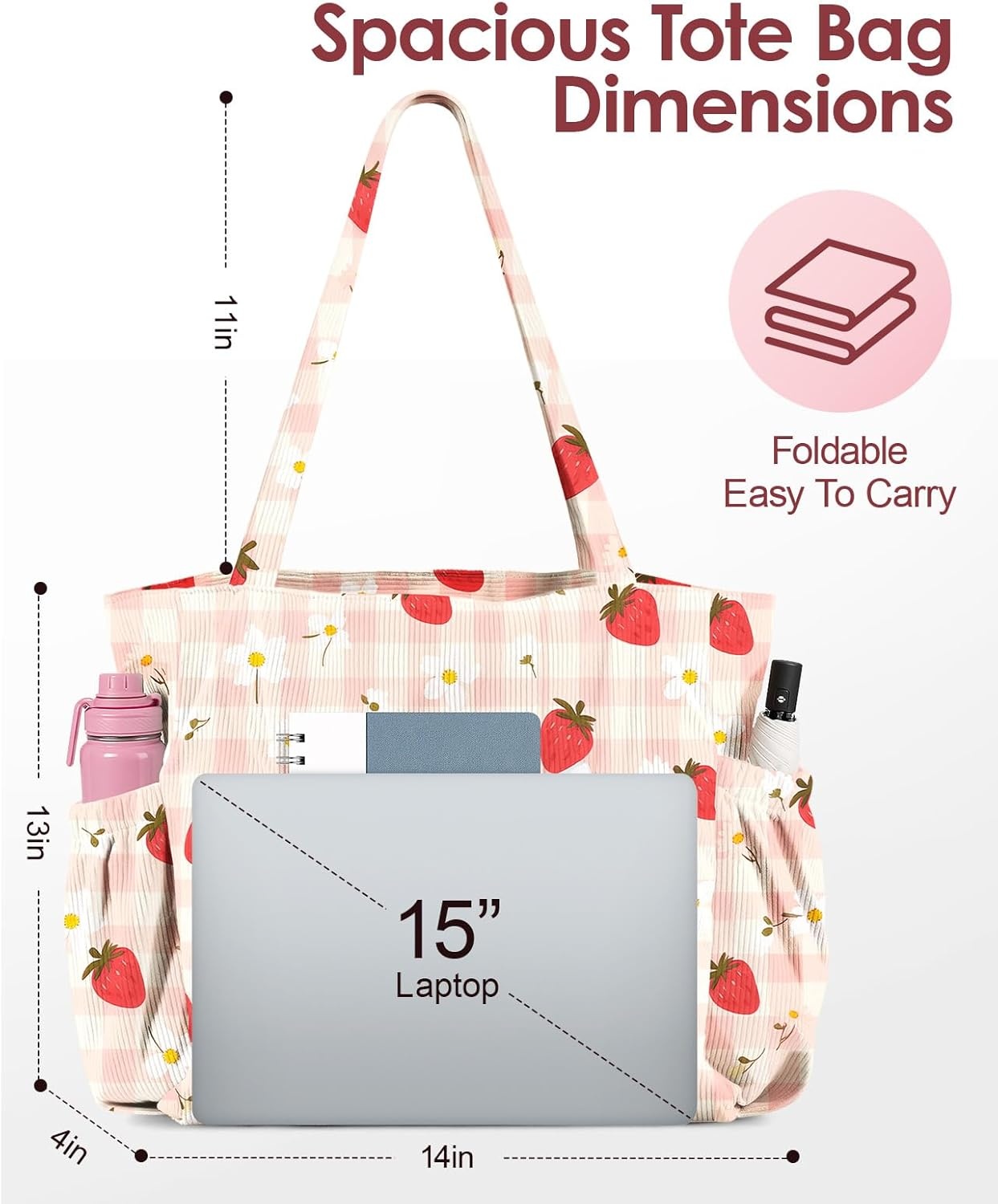 image:imageMiss Adola Cute Corduroy Tote Bag for Women Large Capacity MultiPocket Shoulder Bag with ZipperPlaid Strawberry