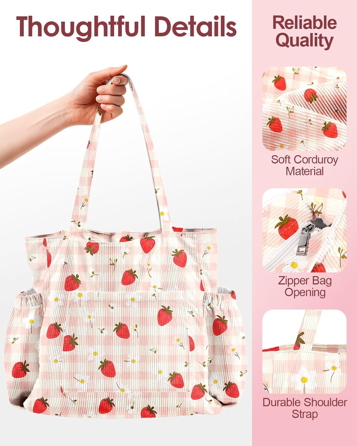 image:imageMiss Adola Cute Corduroy Tote Bag for Women Large Capacity MultiPocket Shoulder Bag with ZipperPlaid Strawberry