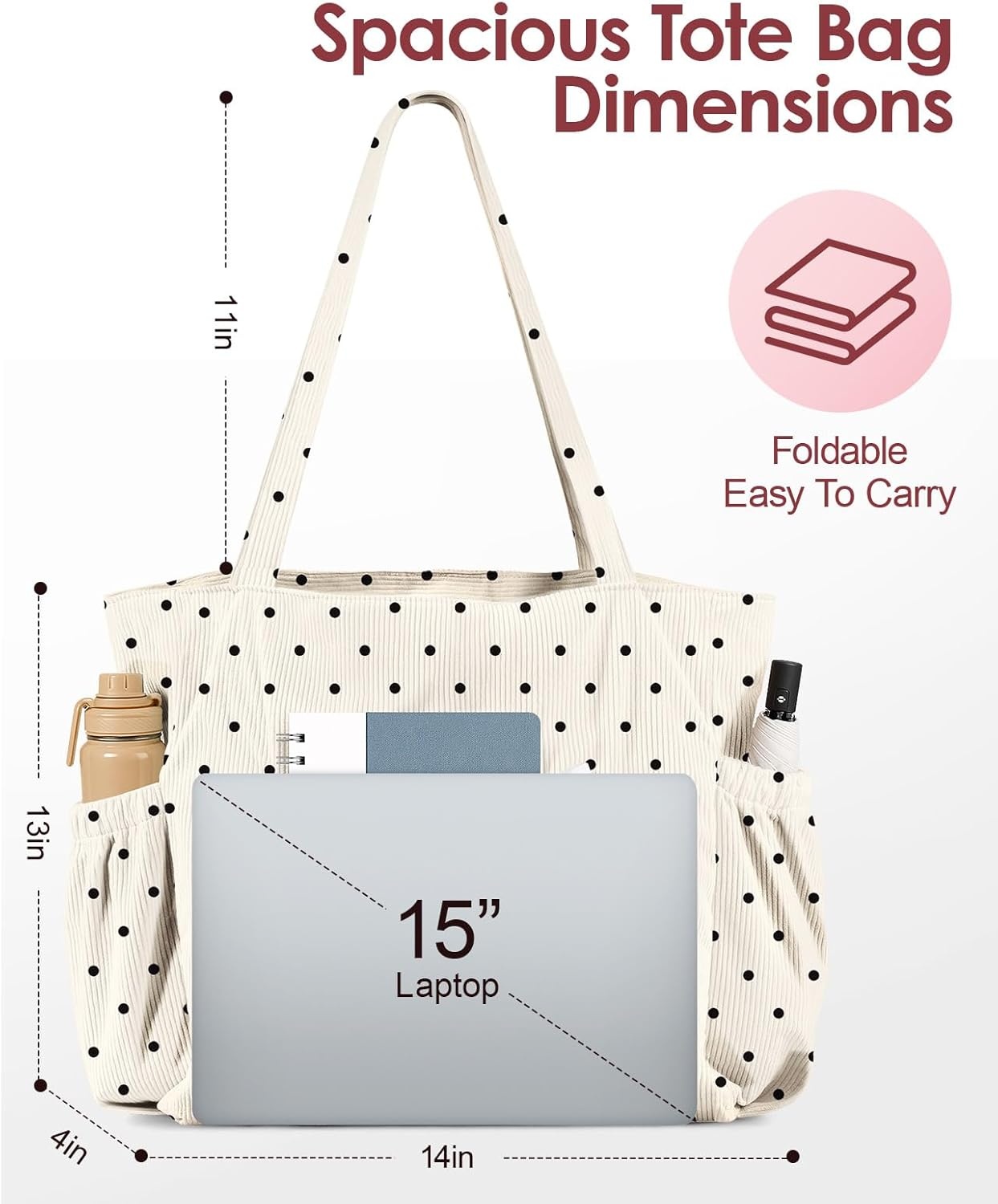 image:imageMiss Adola Cute Corduroy Tote Bag for Women Large Capacity MultiPocket Shoulder Bag with ZipperPolka Dot