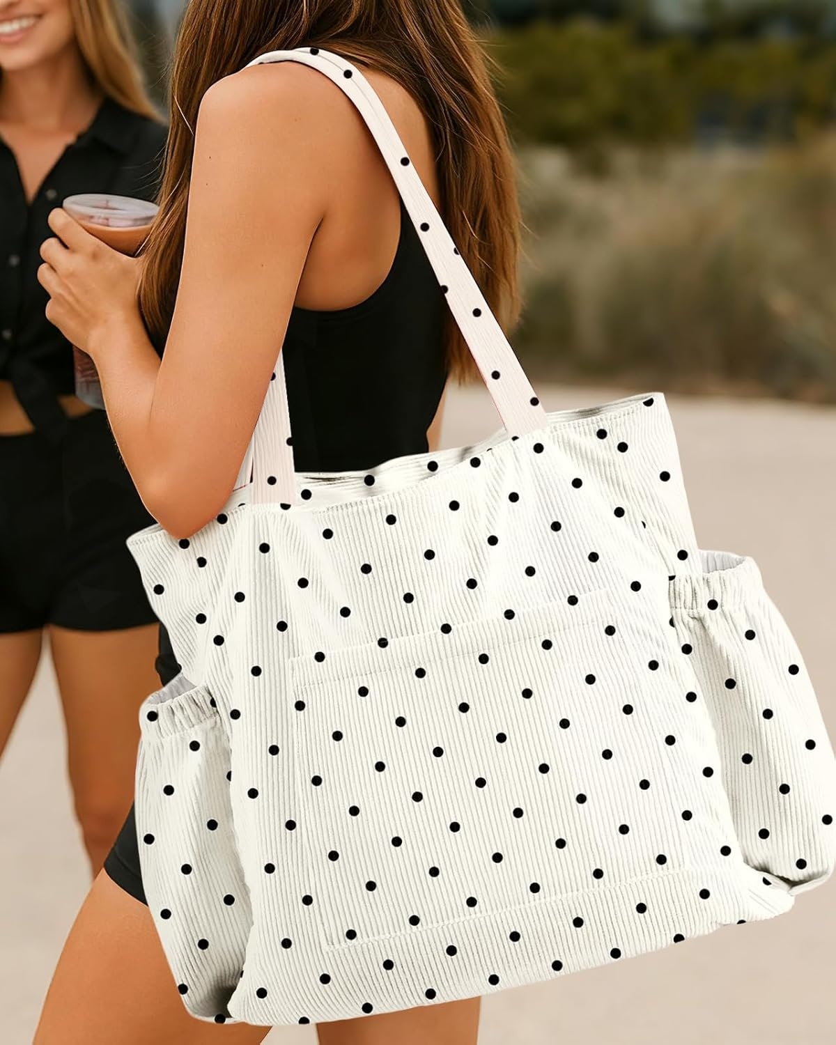 image:imageMiss Adola Cute Corduroy Tote Bag for Women Large Capacity MultiPocket Shoulder Bag with ZipperPolka Dot
