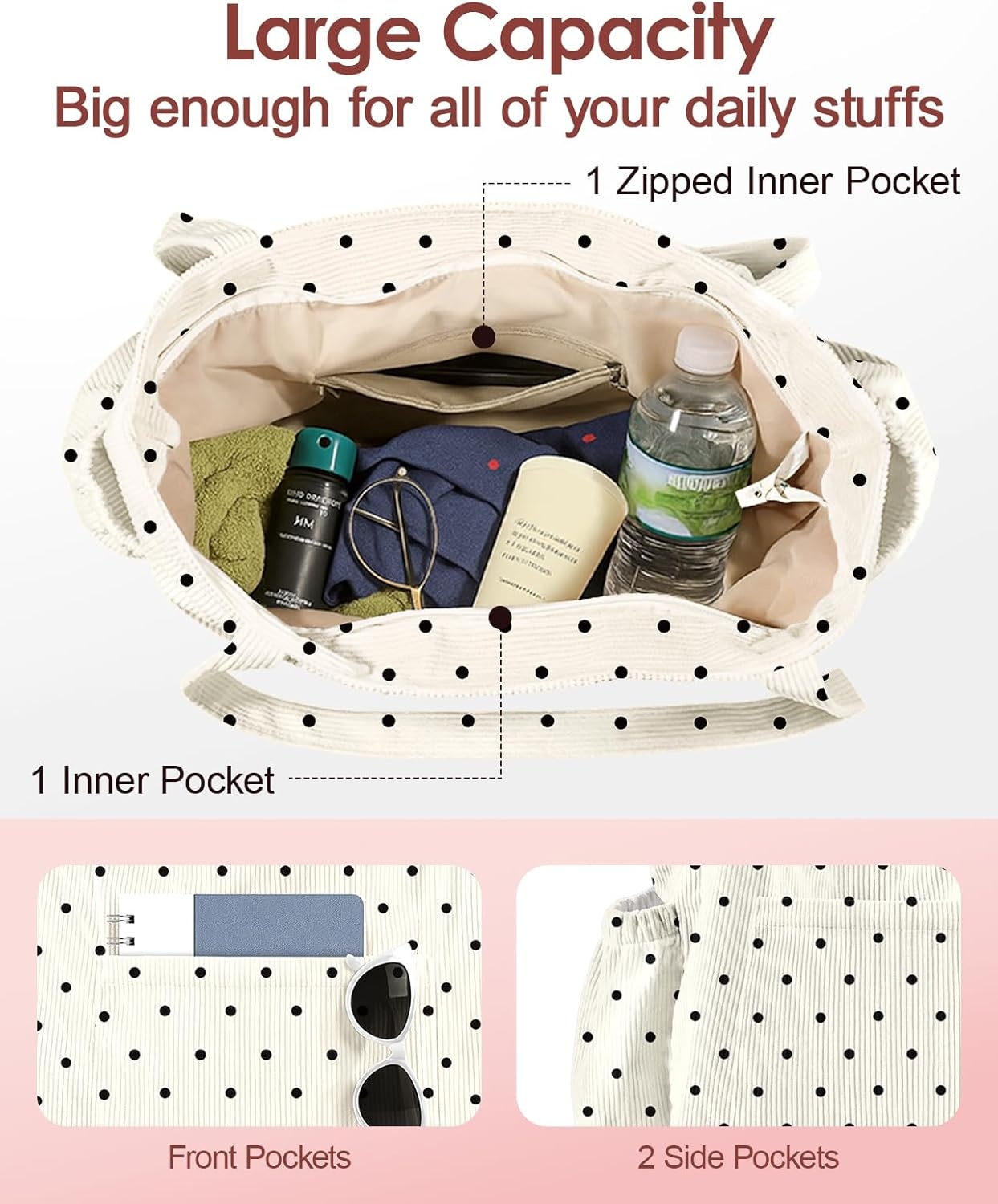 image:imageMiss Adola Cute Corduroy Tote Bag for Women Large Capacity MultiPocket Shoulder Bag with ZipperPolka Dot