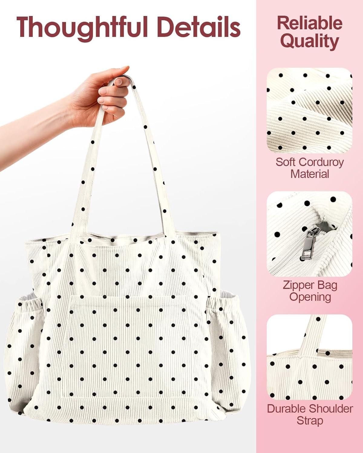 image:imageMiss Adola Cute Corduroy Tote Bag for Women Large Capacity MultiPocket Shoulder Bag with ZipperPolka Dot