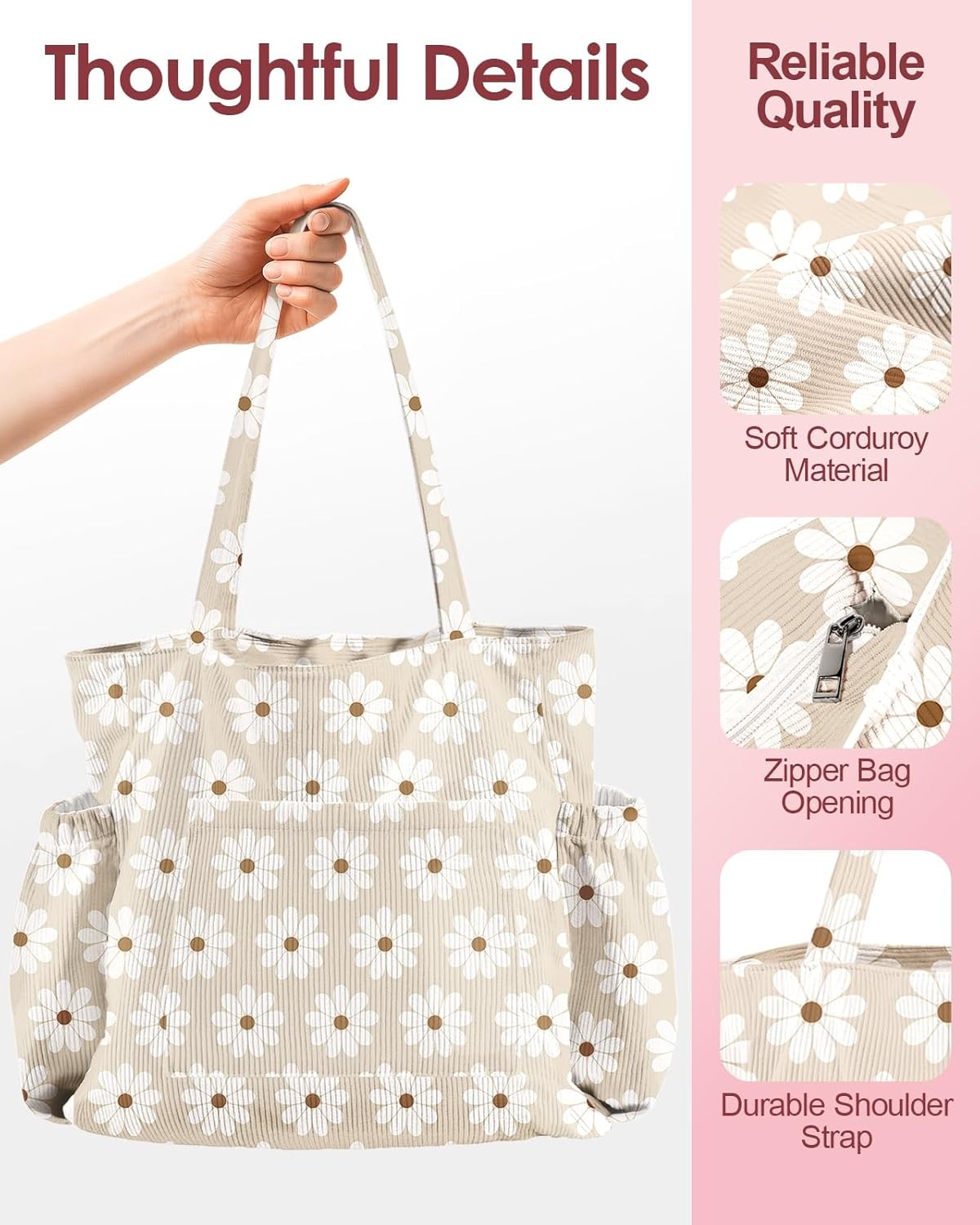 image:imageMiss Adola Cute Corduroy Tote Bag for Women Large Capacity MultiPocket Shoulder Bag with ZipperWhite Daisy