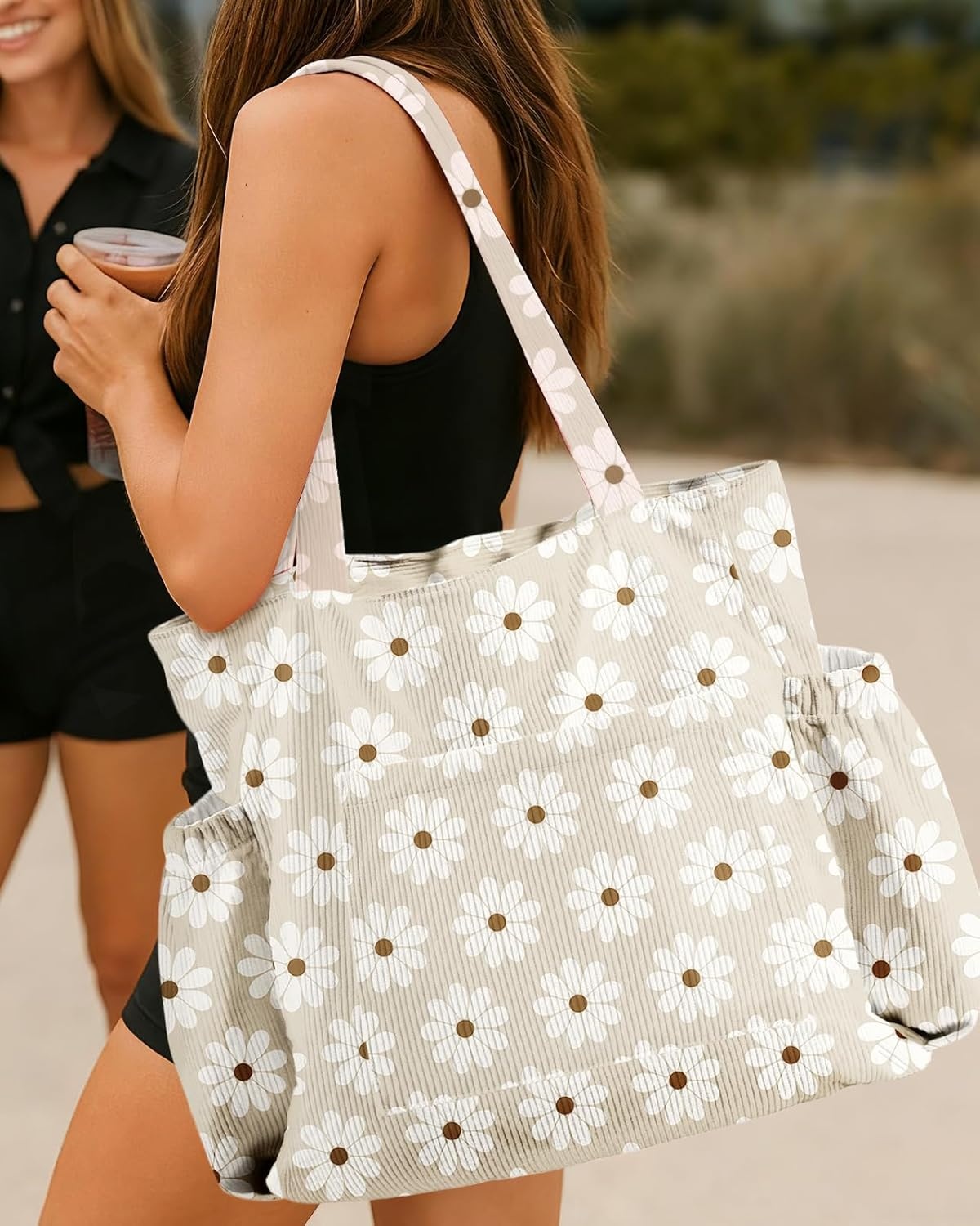 image:imageMiss Adola Cute Corduroy Tote Bag for Women Large Capacity MultiPocket Shoulder Bag with ZipperWhite Daisy