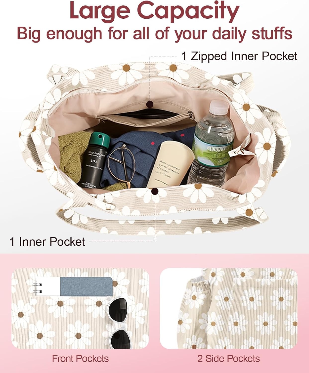 image:imageMiss Adola Cute Corduroy Tote Bag for Women Large Capacity MultiPocket Shoulder Bag with ZipperWhite Daisy