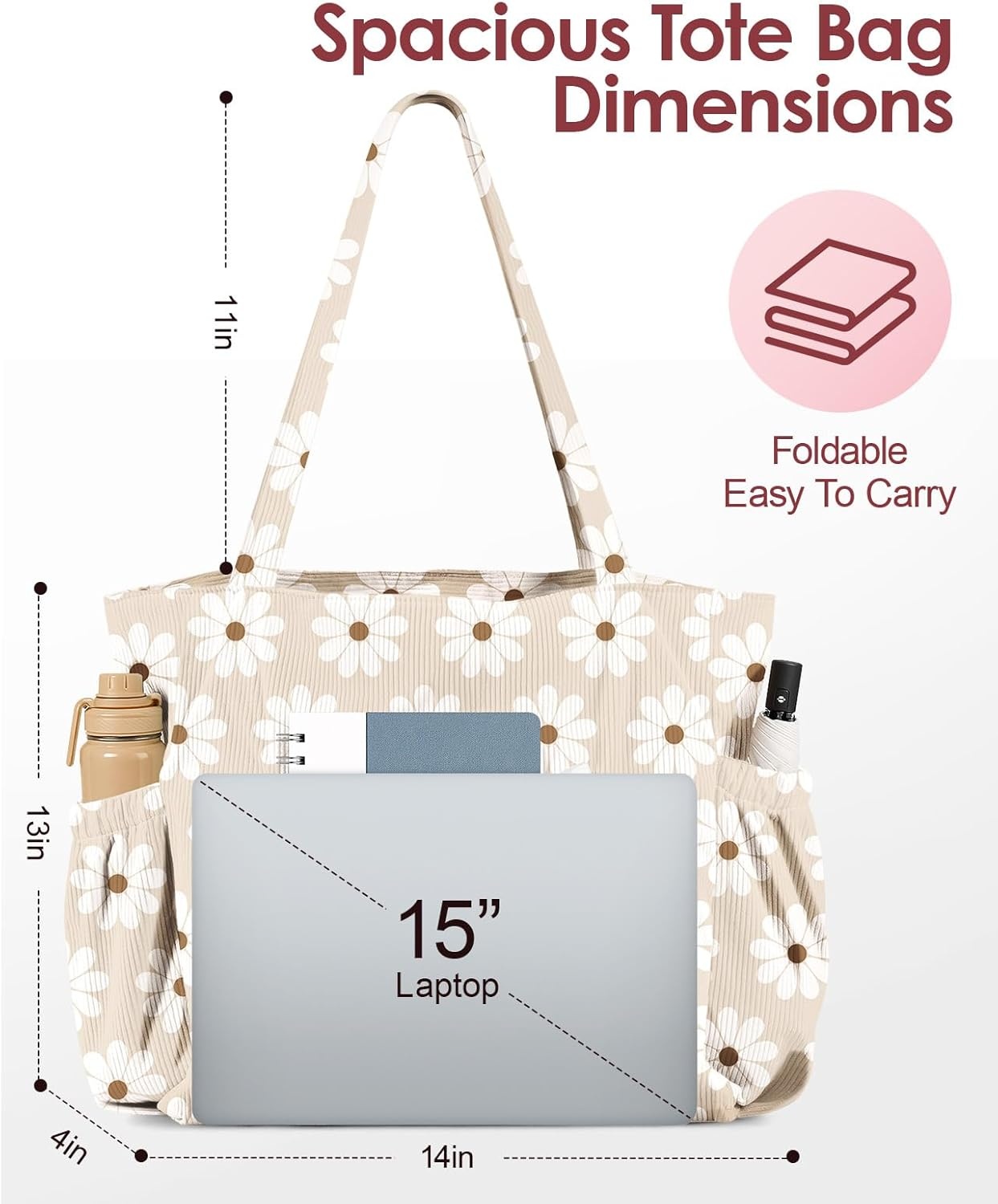 image:imageMiss Adola Cute Corduroy Tote Bag for Women Large Capacity MultiPocket Shoulder Bag with ZipperWhite Daisy