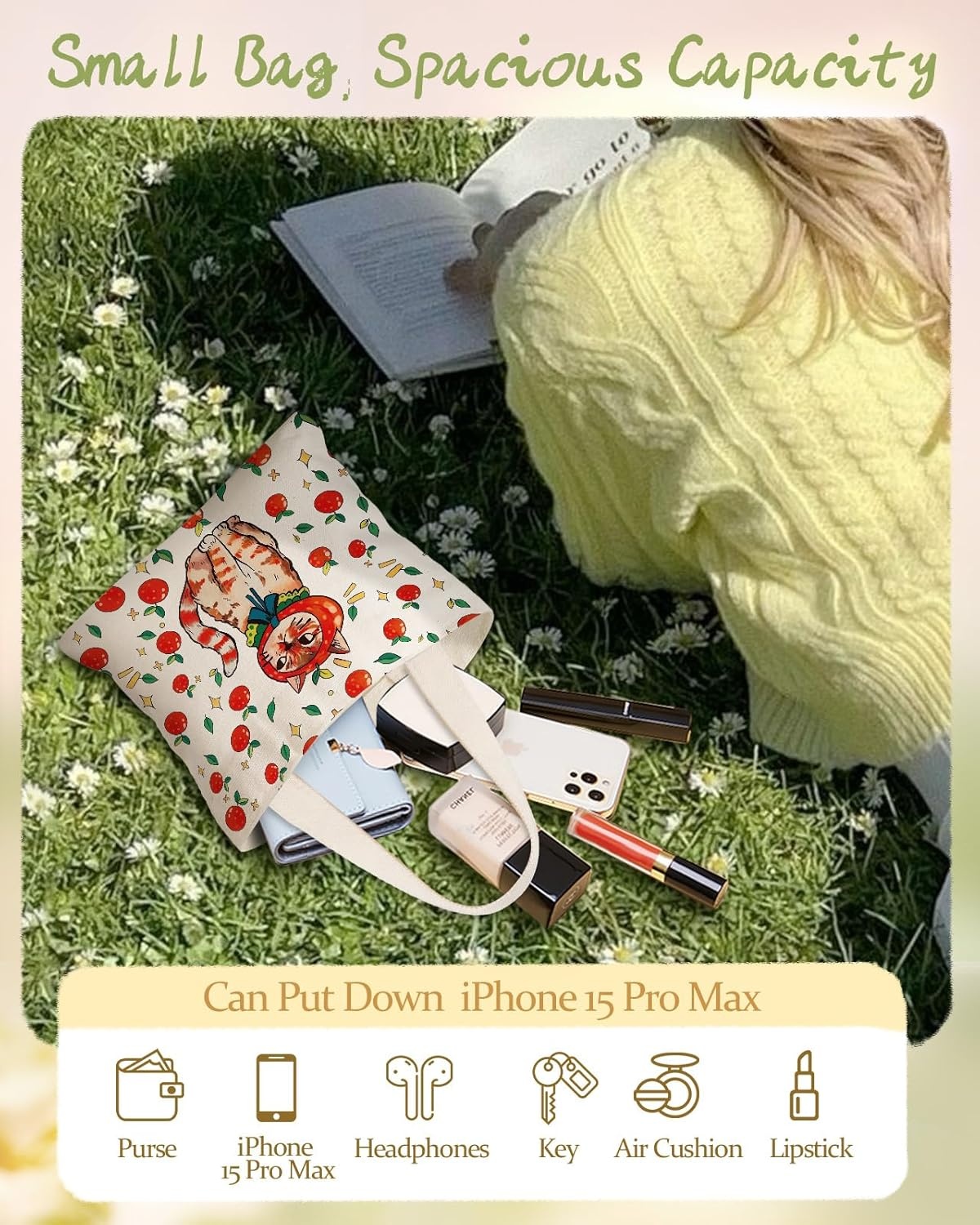 image:imageMiss Adola Cute Mini Canvas Tote Bag for Kids Aesthetic Bags Size 8 6 Magnetic Buckle for Kids Girls Cloth CottonApple Cat