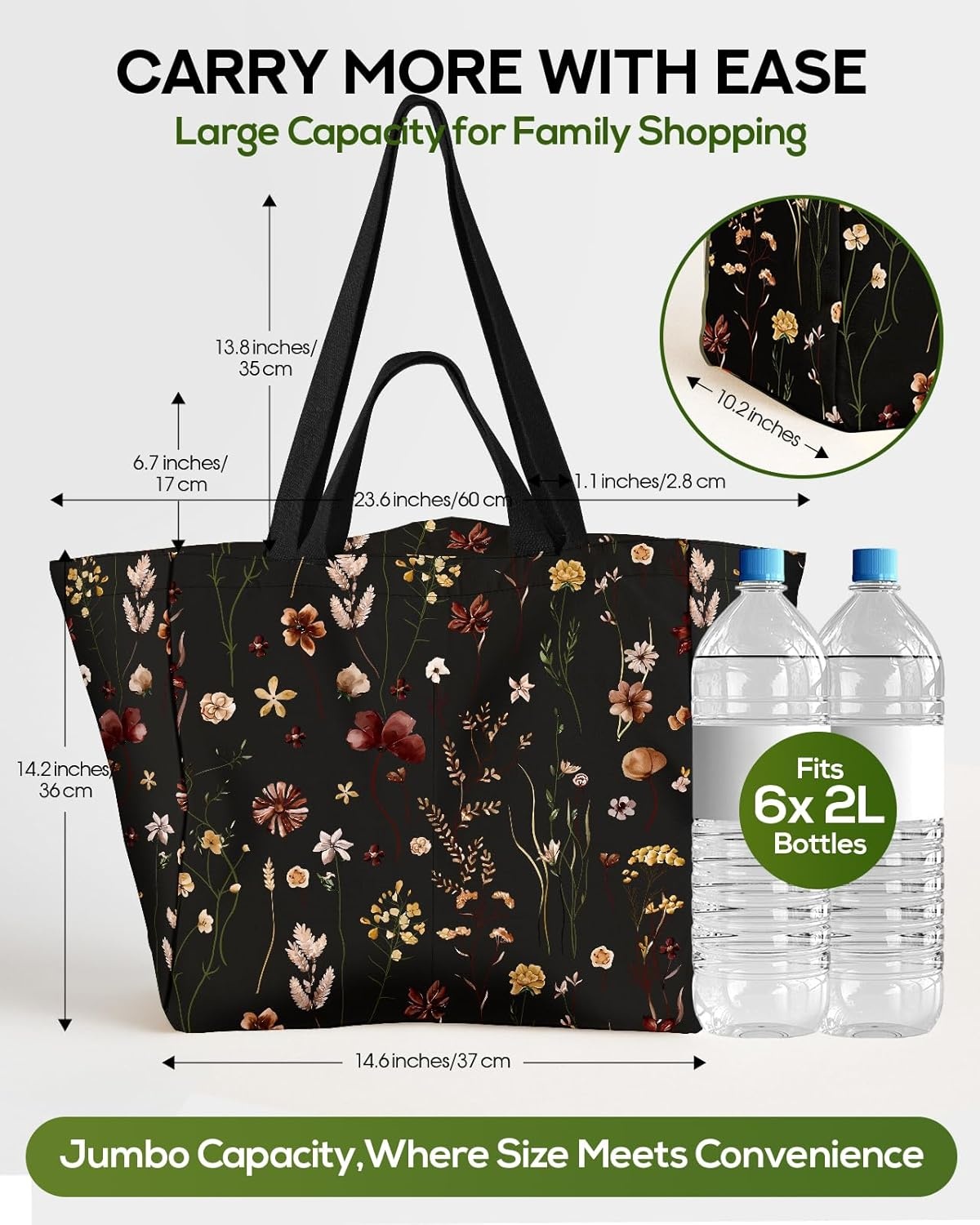 image:imageMiss Adola Extra Large Canvas Grocery Tote Bag Reusable Washable Shopping Shoulder Bag with Inner Pockets amp Handle StrapsBlack Floral