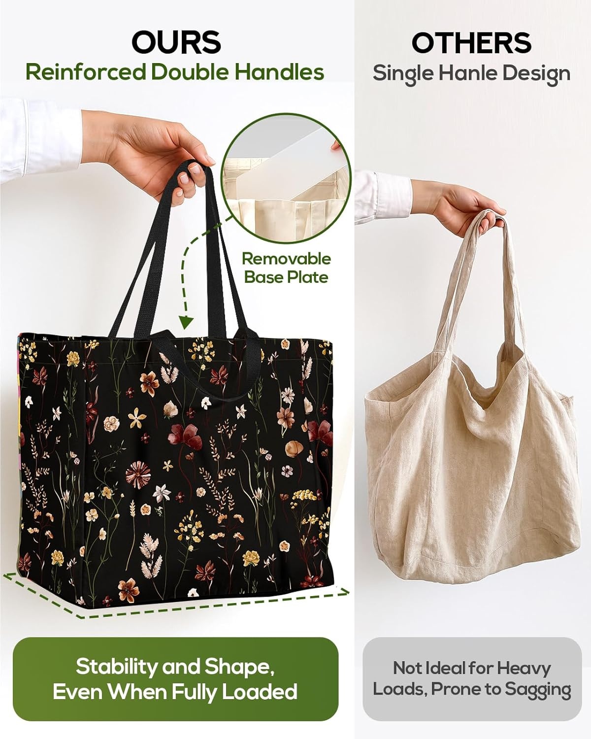 image:imageMiss Adola Extra Large Canvas Grocery Tote Bag Reusable Washable Shopping Shoulder Bag with Inner Pockets amp Handle StrapsBlack Floral