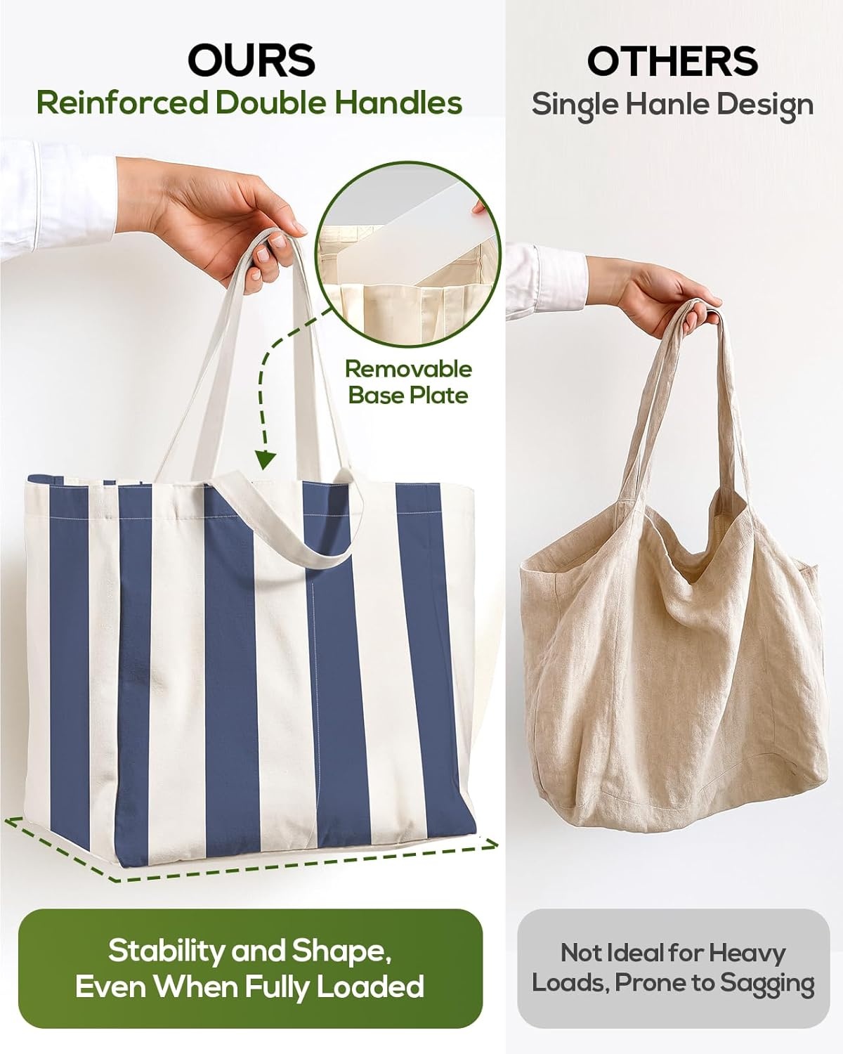 image:imageMiss Adola Extra Large Canvas Grocery Tote Bag Reusable Washable Shopping Shoulder Bag with Inner Pockets amp Handle StrapsBlue White Stripes