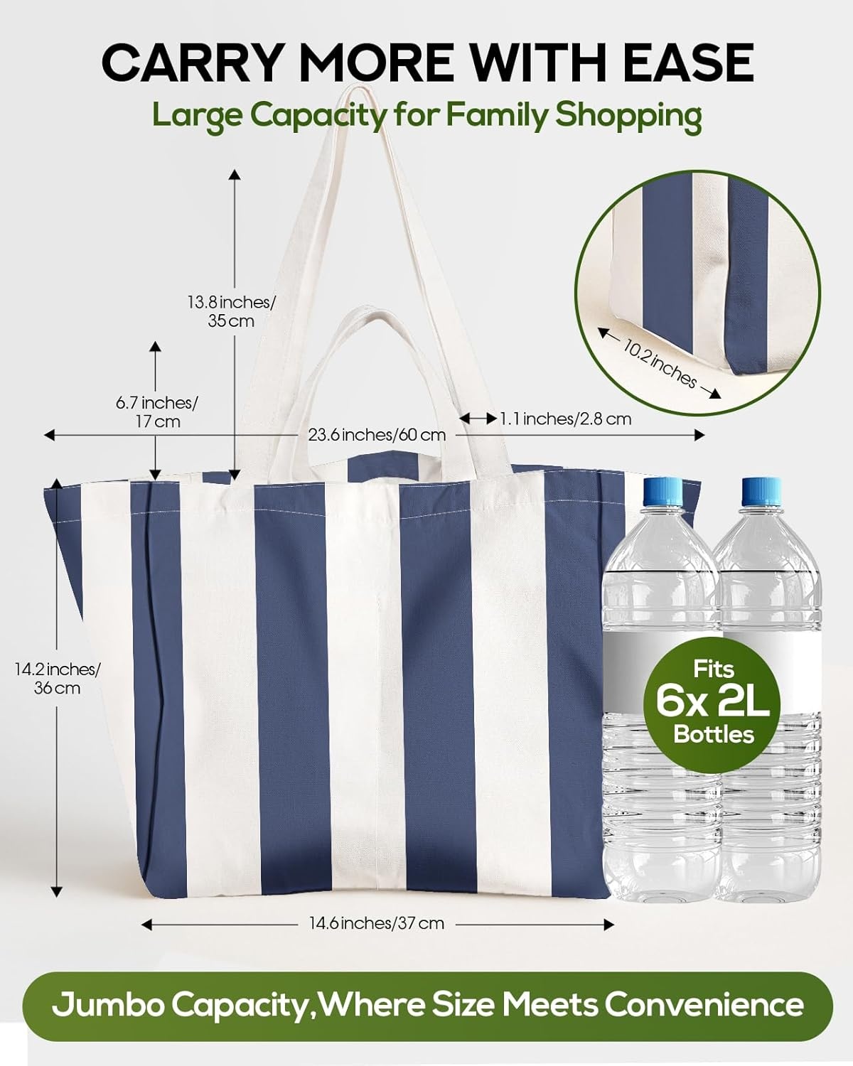 image:imageMiss Adola Extra Large Canvas Grocery Tote Bag Reusable Washable Shopping Shoulder Bag with Inner Pockets amp Handle StrapsBlue White Stripes