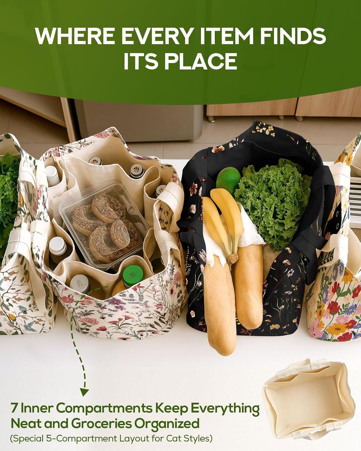 image:imageMiss Adola Extra Large Canvas Grocery Tote Bag Reusable Washable Shopping Shoulder Bag with Inner Pockets amp Handle StrapsCat Floral