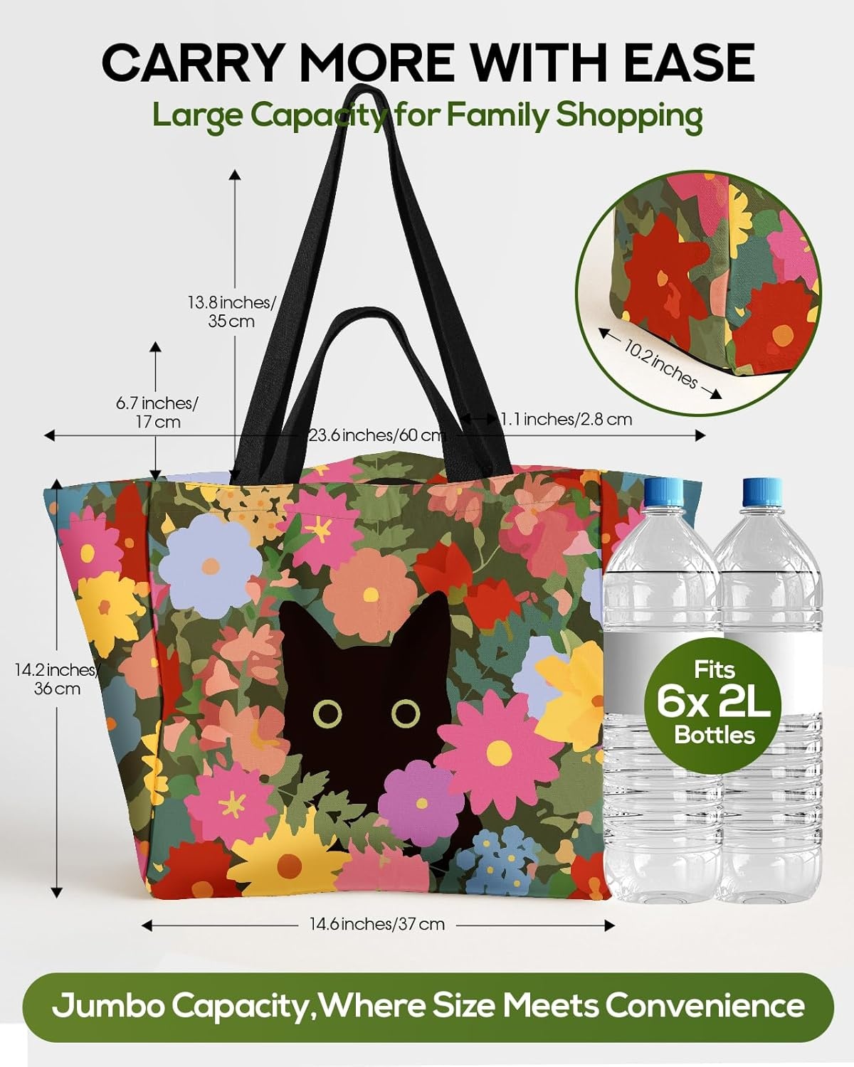 image:imageMiss Adola Extra Large Canvas Grocery Tote Bag Reusable Washable Shopping Shoulder Bag with Inner Pockets amp Handle StrapsCat Floral