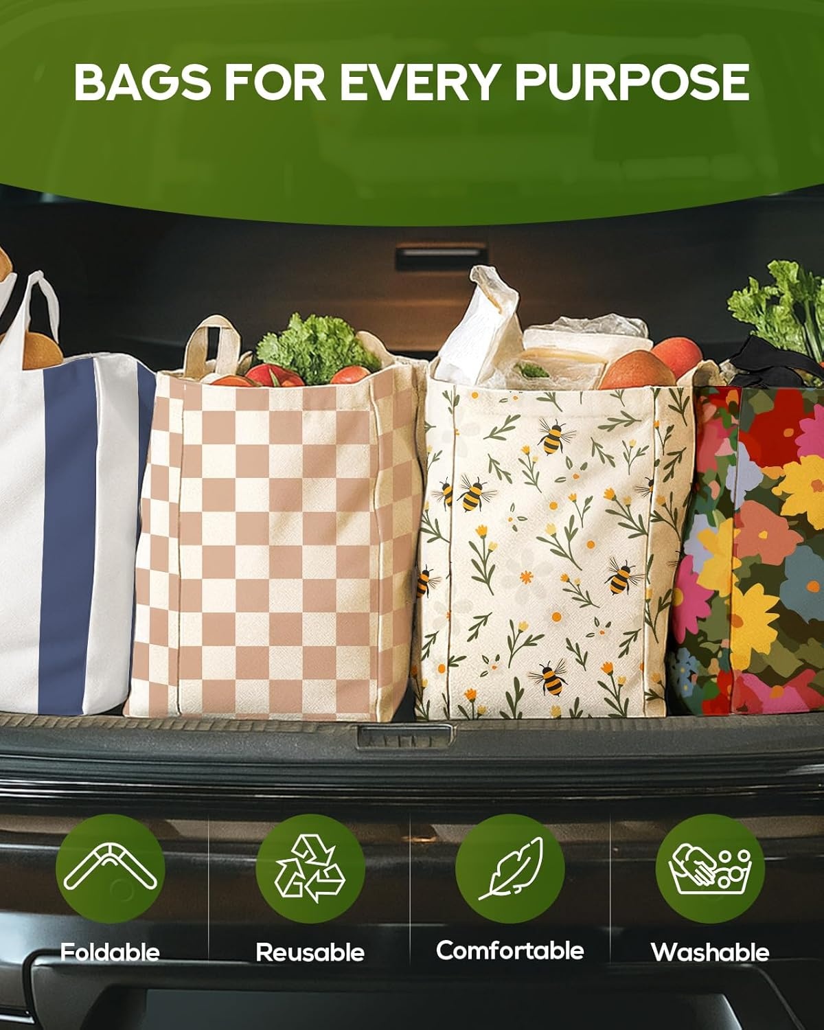 image:imageMiss Adola Extra Large Canvas Grocery Tote Bag Reusable Washable Shopping Shoulder Bag with Inner Pockets amp Handle StrapsCat Floral