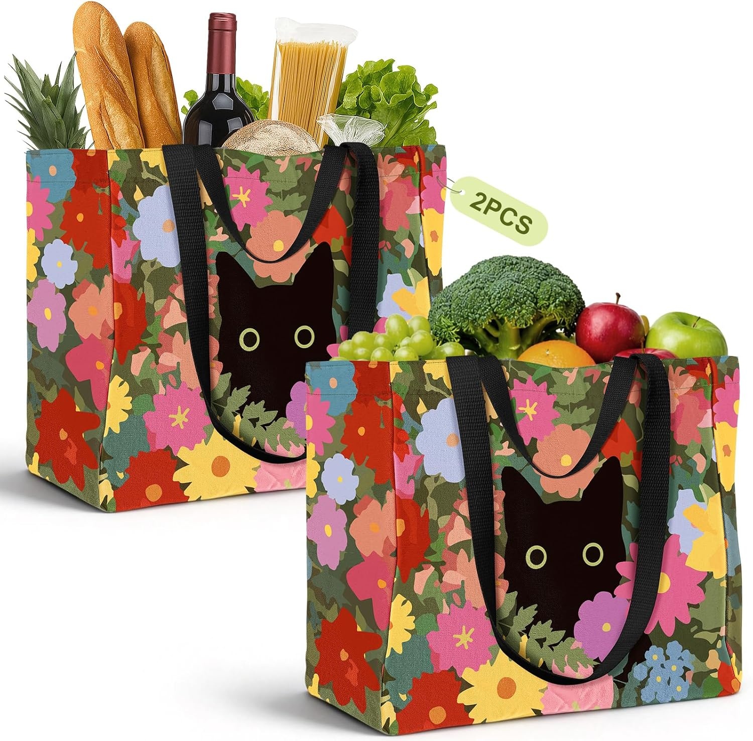 image:imageMiss Adola Extra Large Canvas Grocery Tote Bag Reusable Washable Shopping Shoulder Bag with Inner Pockets amp Handle StrapsCat Floral