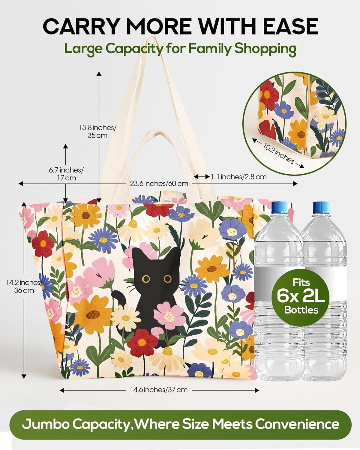 image:imageMiss Adola Extra Large Canvas Grocery Tote Bag Reusable Washable Shopping Shoulder Bag with Inner Pockets amp Handle StrapsCat Flowers