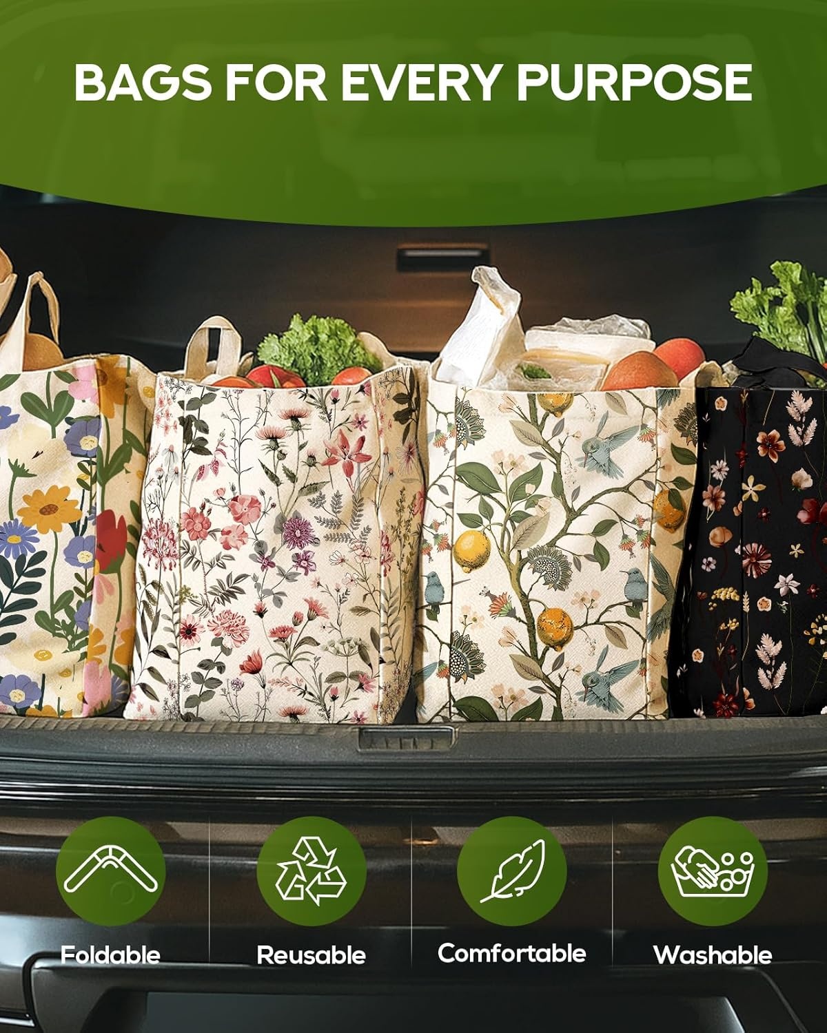image:imageMiss Adola Extra Large Canvas Grocery Tote Bag Reusable Washable Shopping Shoulder Bag with Inner Pockets amp Handle StrapsCat Flowers