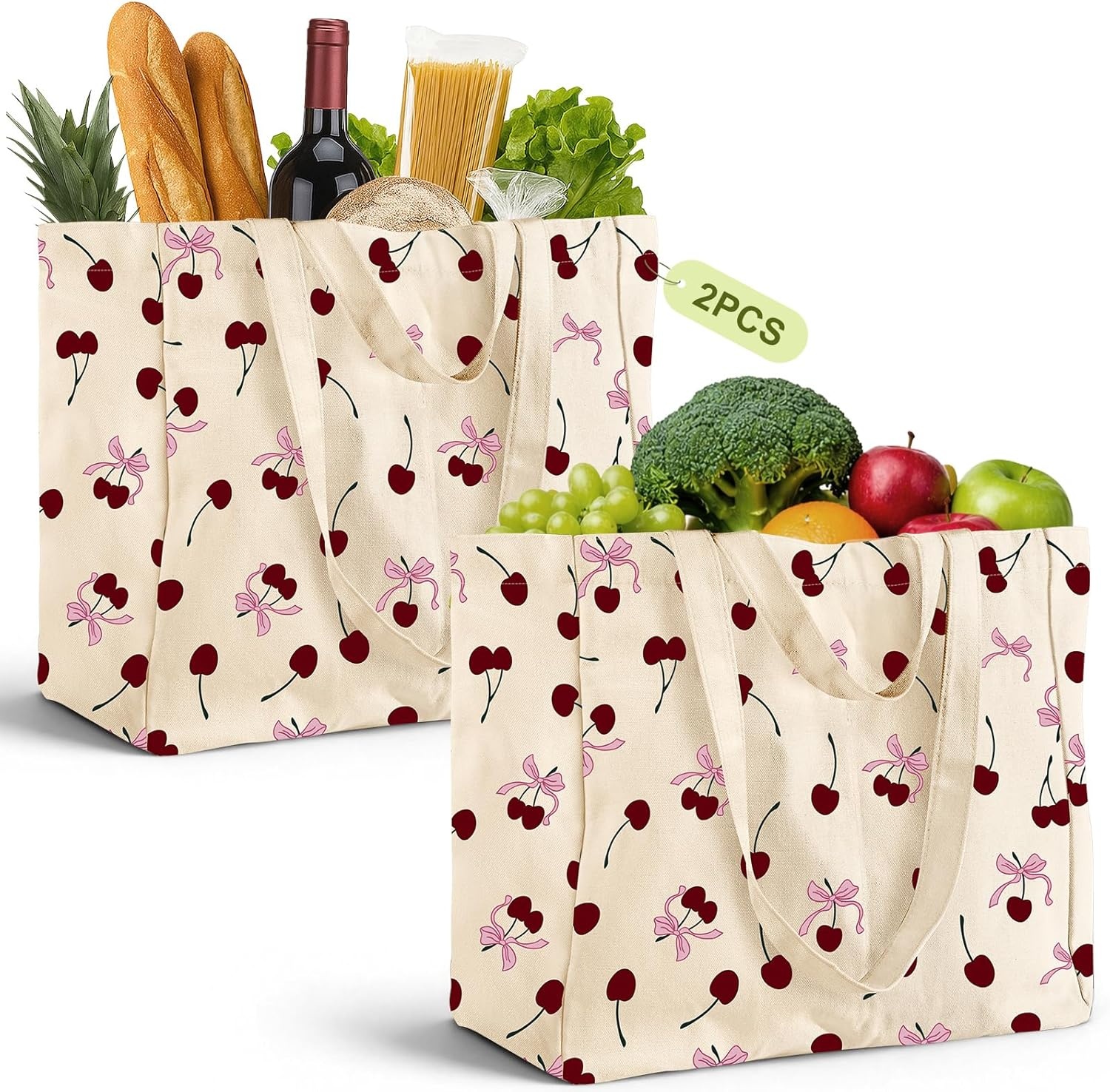 image:imageMiss Adola Extra Large Canvas Grocery Tote Bag Reusable Washable Shopping Shoulder Bag with Inner Pockets amp Handle StrapsCherry Bow