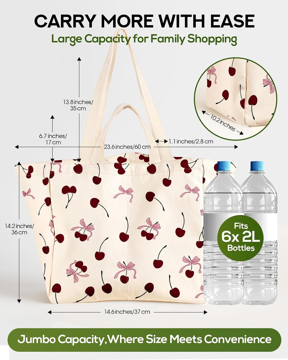 image:imageMiss Adola Extra Large Canvas Grocery Tote Bag Reusable Washable Shopping Shoulder Bag with Inner Pockets amp Handle StrapsCherry Bow