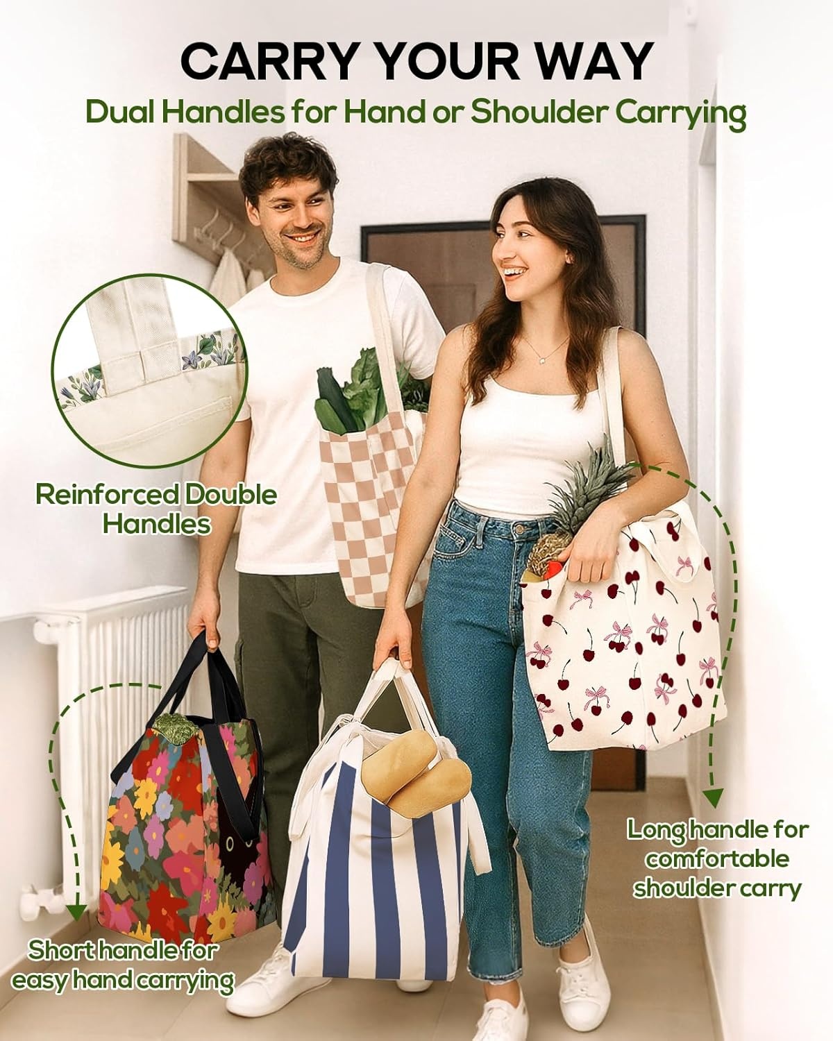 image:imageMiss Adola Extra Large Canvas Grocery Tote Bag Reusable Washable Shopping Shoulder Bag with Inner Pockets amp Handle StrapsCherry Bow