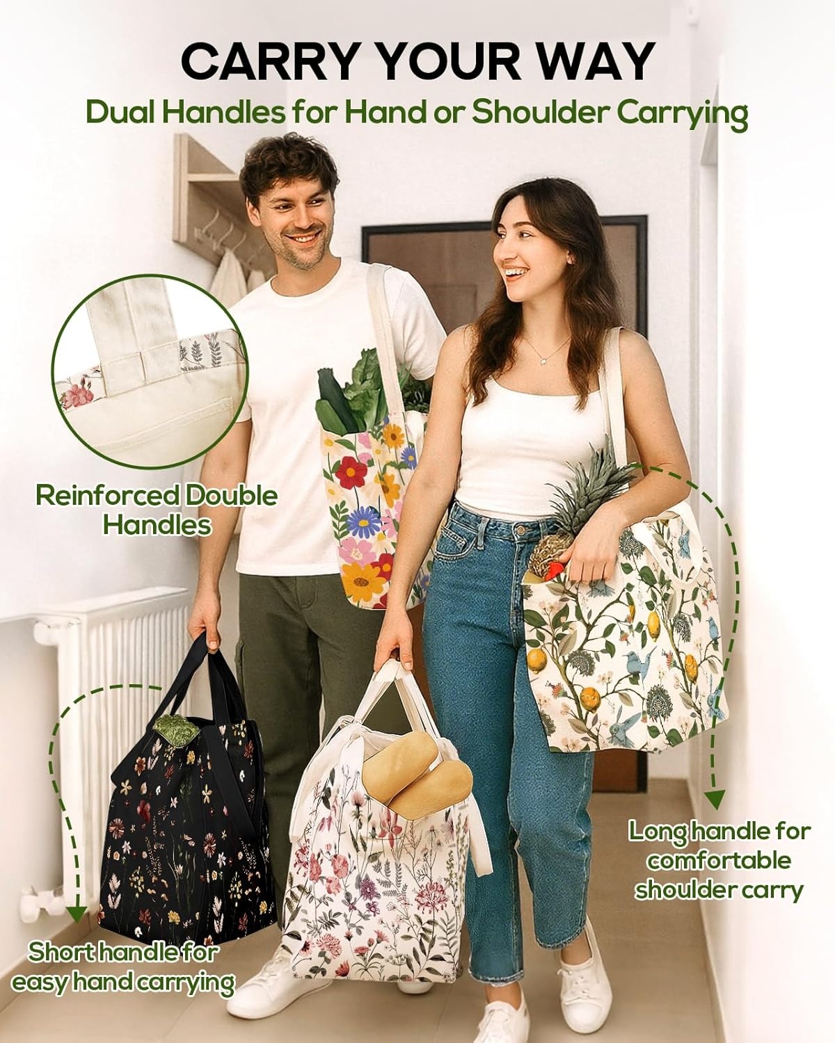 image:imageMiss Adola Extra Large Canvas Grocery Tote Bag Reusable Washable Shopping Shoulder Bag with Inner Pockets amp Handle StrapsCherry Bow