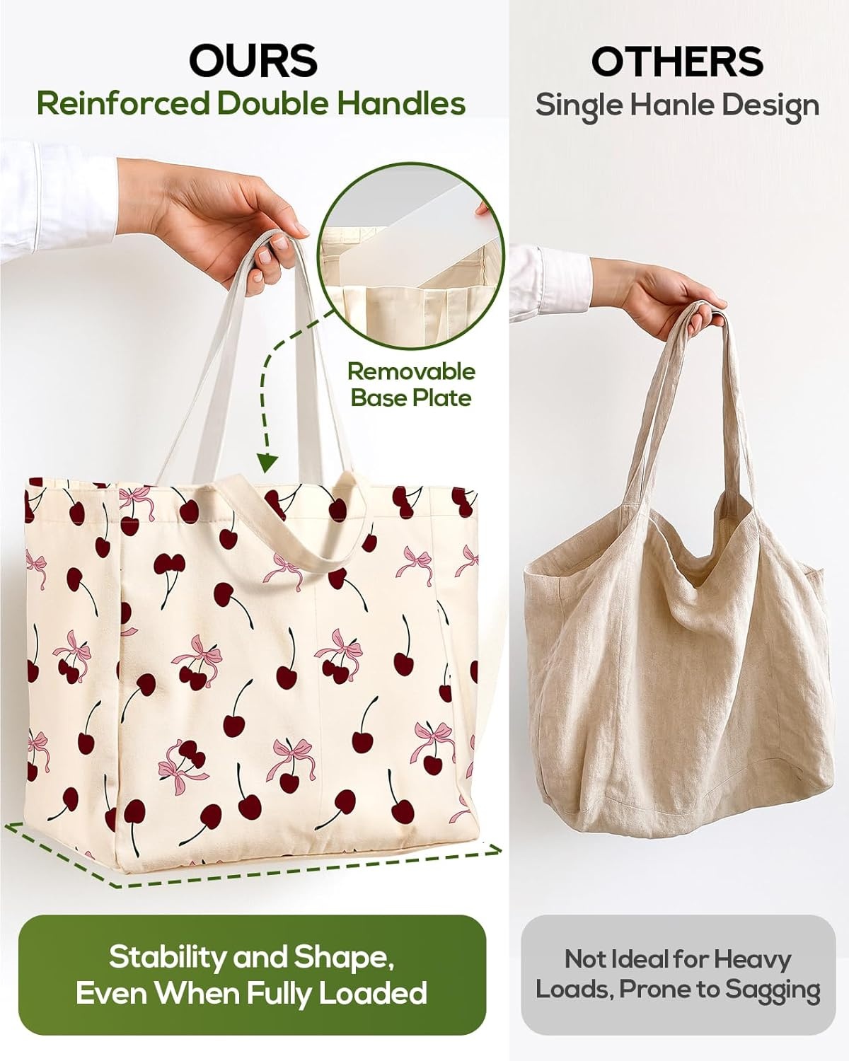 image:imageMiss Adola Extra Large Canvas Grocery Tote Bag Reusable Washable Shopping Shoulder Bag with Inner Pockets amp Handle StrapsCherry Bow