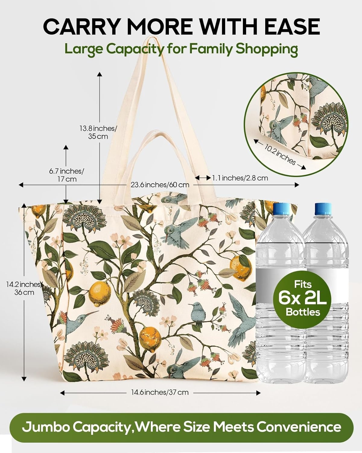 image:imageMiss Adola Extra Large Canvas Grocery Tote Bag Reusable Washable Shopping Shoulder Bag with Inner Pockets amp Handle StrapsLemon Birds
