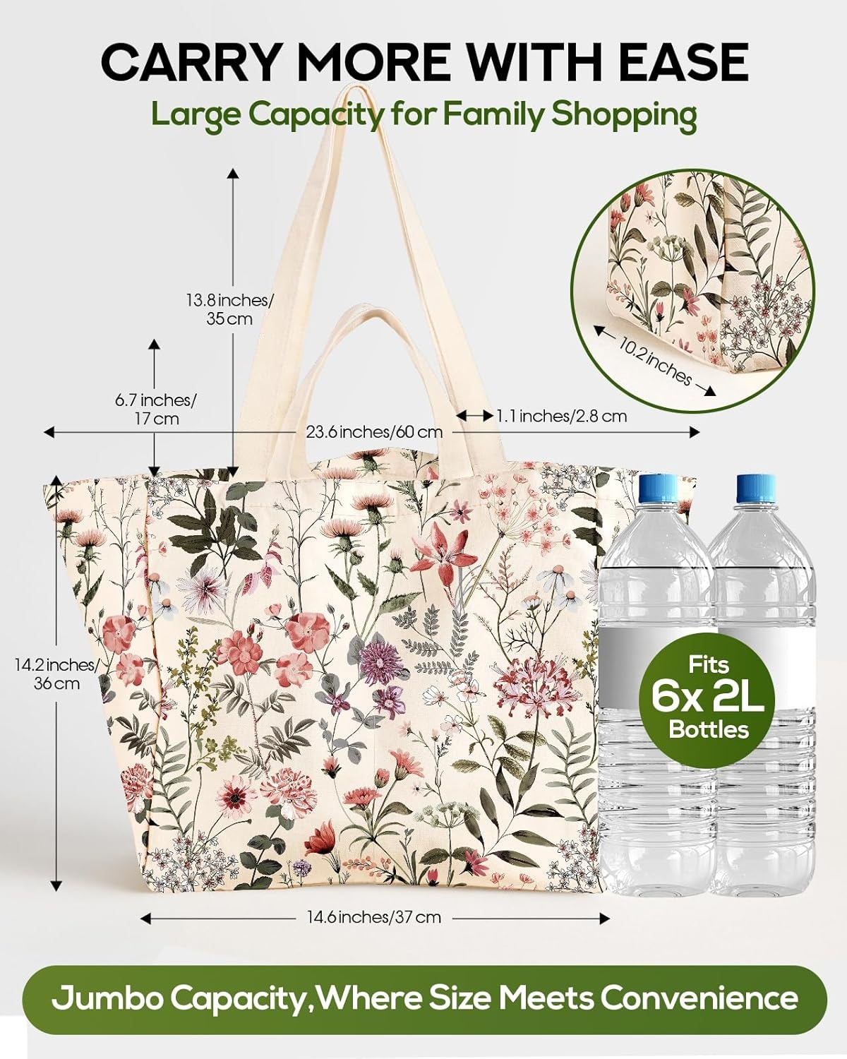 image:imageMiss Adola Extra Large Canvas Grocery Tote Bag Reusable Washable Shopping Shoulder Bag with Inner Pockets amp Handle StrapsPink Floral