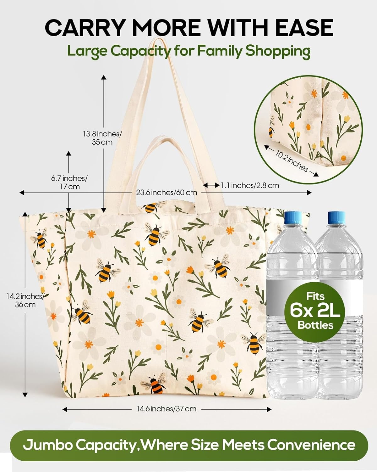 image:imageMiss Adola Extra Large Canvas Grocery Tote Bag Reusable Washable Shopping Shoulder Bag with Inner Pockets amp Handle StrapsWild Flowers Bee