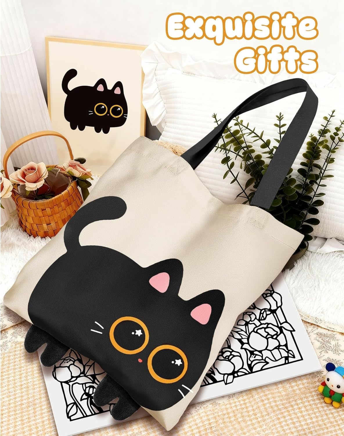 image:imageMiss Adola Funny Feet Cute Canvas Tote Bag for Women Magnetic Closure amp Inner Pocket Cartoon Cotton Tote Bags for GirlsBlack Cat