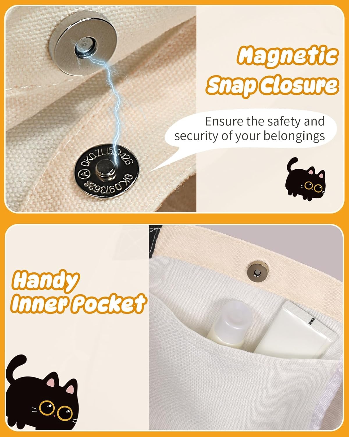 image:imageMiss Adola Funny Feet Cute Canvas Tote Bag for Women Magnetic Closure amp Inner Pocket Cartoon Cotton Tote Bags for GirlsBlack Cat