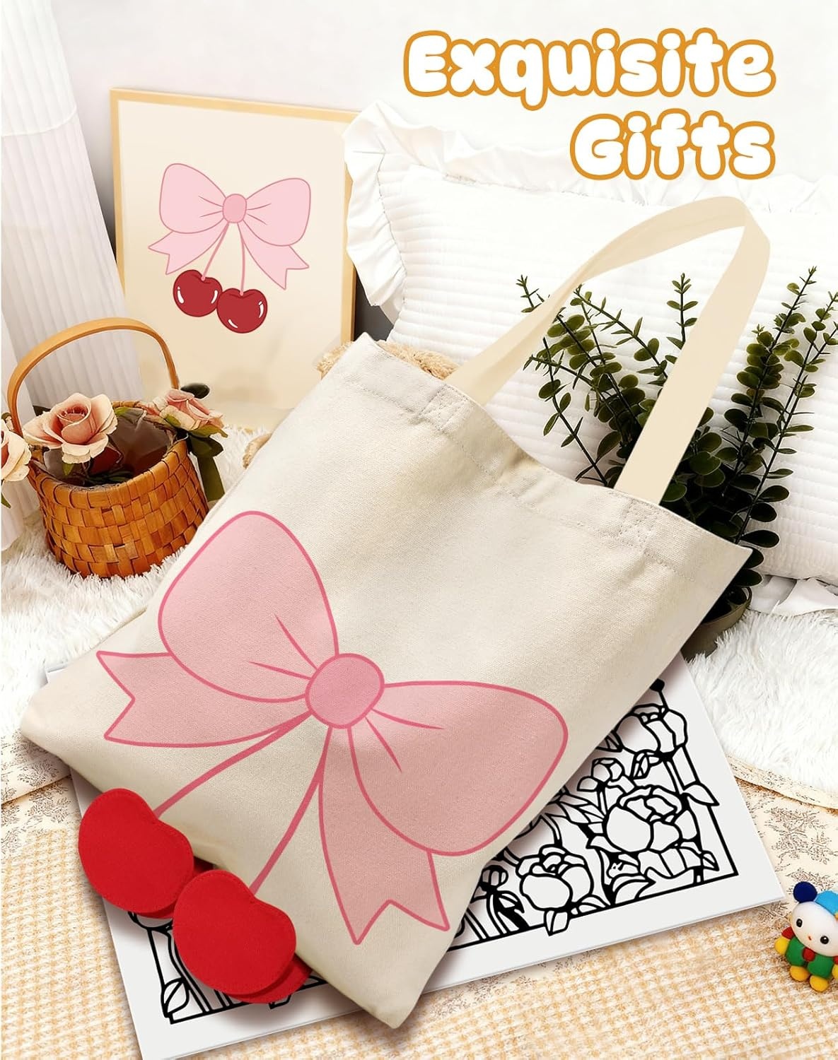 image:imageMiss Adola Funny Feet Cute Canvas Tote Bag for Women Magnetic Closure amp Inner Pocket Cartoon Cotton Tote Bags for GirlsBow Cherry